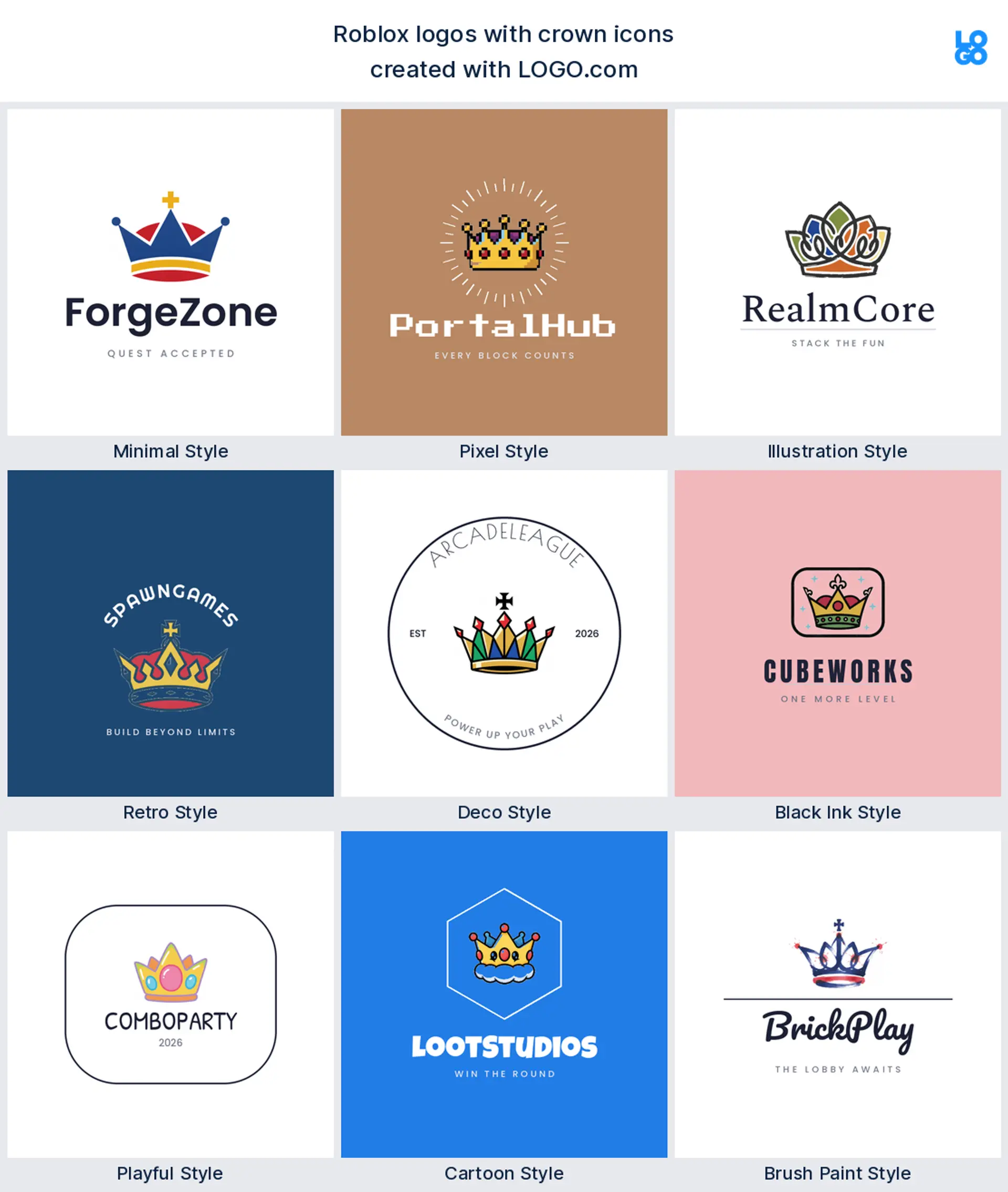 Crown Roblox logos shown across nine LOGO.com styles