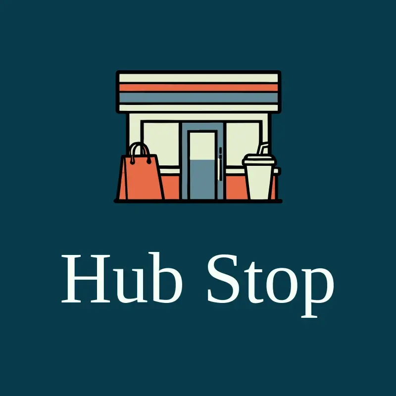 The convenience store name Hub Stop as a branded logo with a color icon
