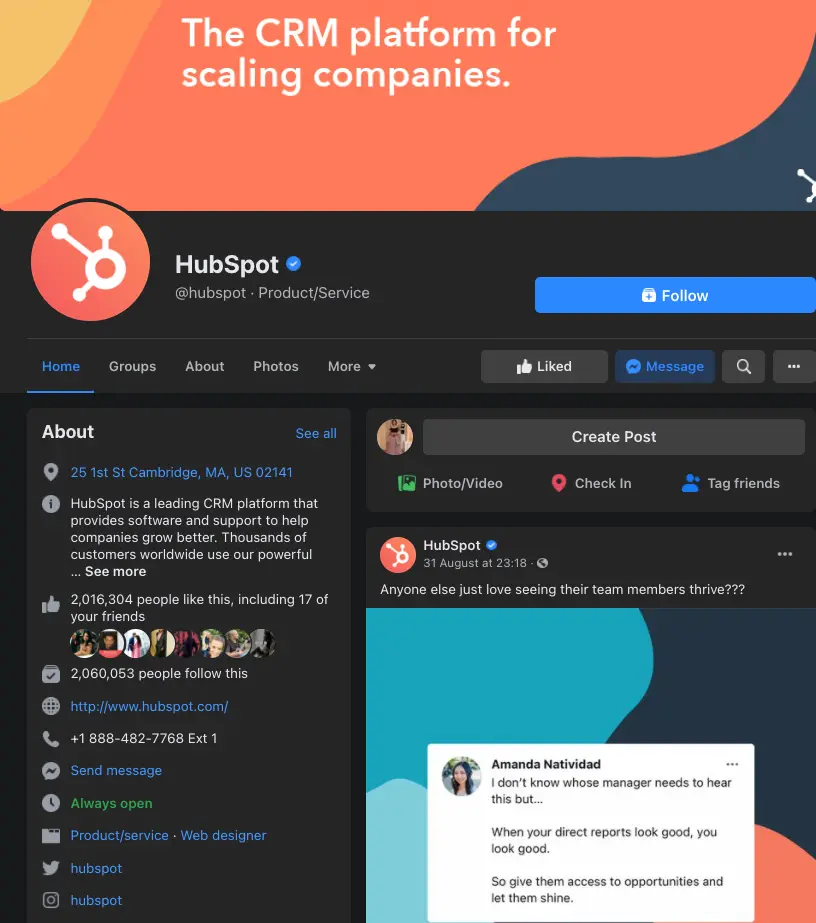 Hubspot's Facebook Page