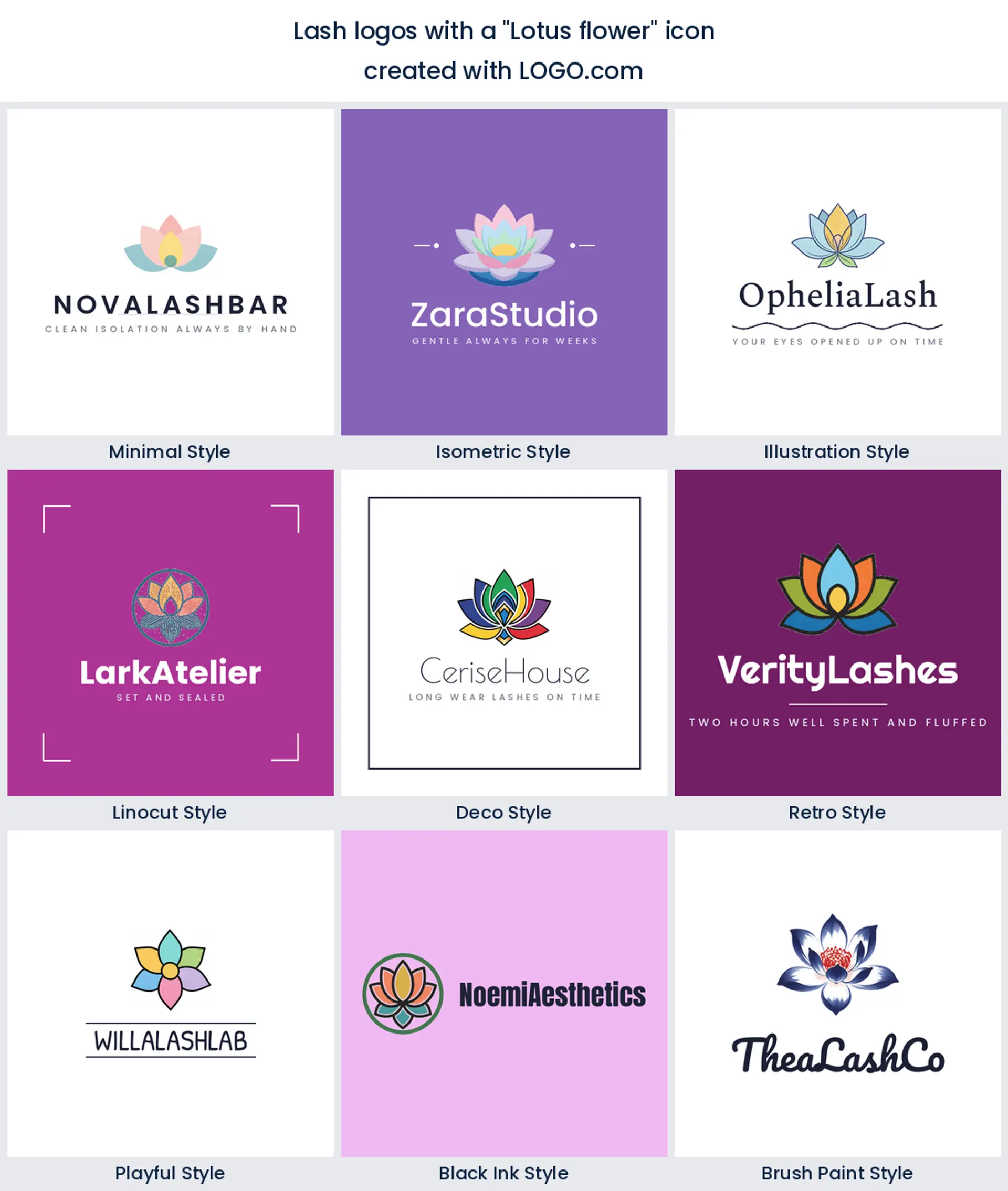 A lotus flower icon shown in nine lash logo styles, from minimal to retro.