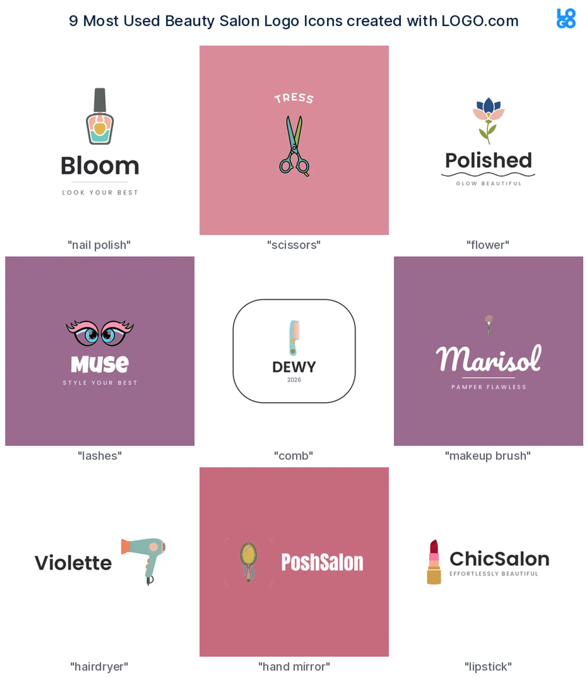 The nine most used beauty salon logo icons on LOGO.com