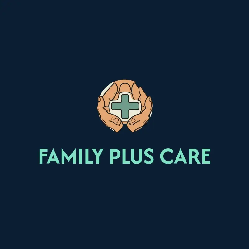The medical practice name Family Plus Care as a branded logo with a color icon