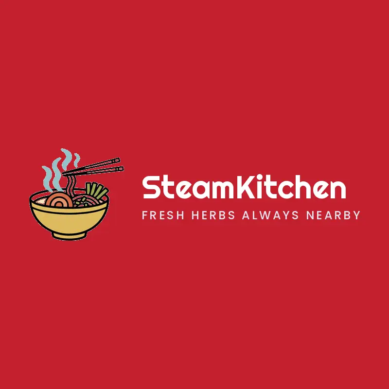 A retro ramen bowl Asian restaurant logo on a red background.
