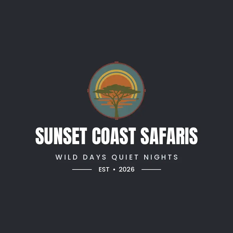 The travel name Sunset Coast Safaris as a branded logo in a black ink style