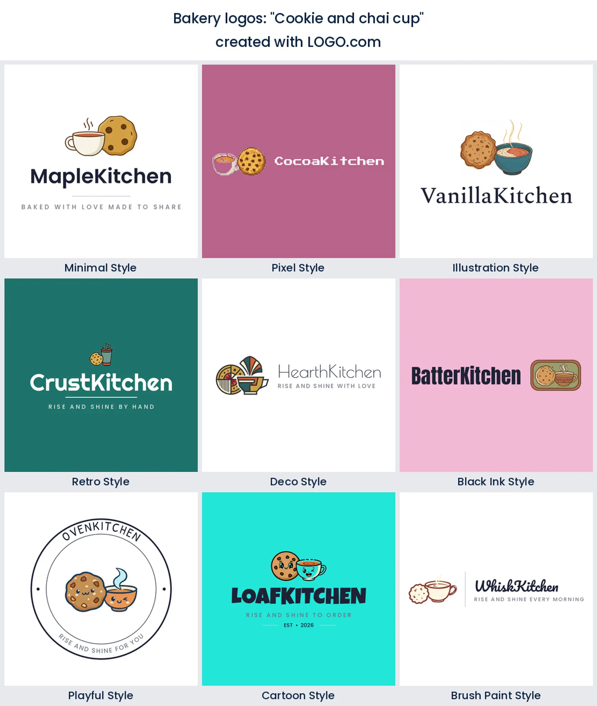 Cookie and chai cup bakery logo in nine styles.