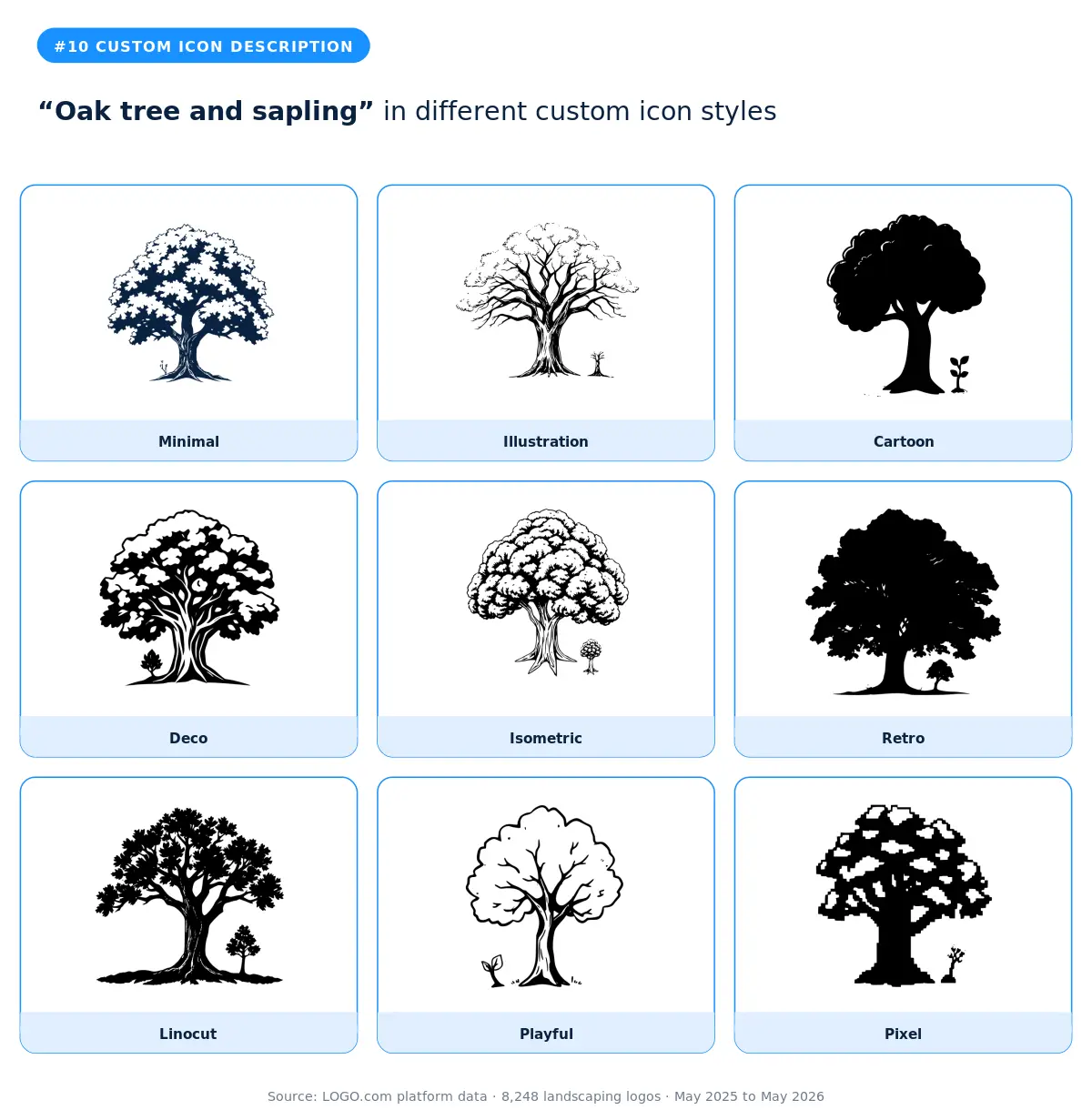 Oak tree and sapling in nine styles