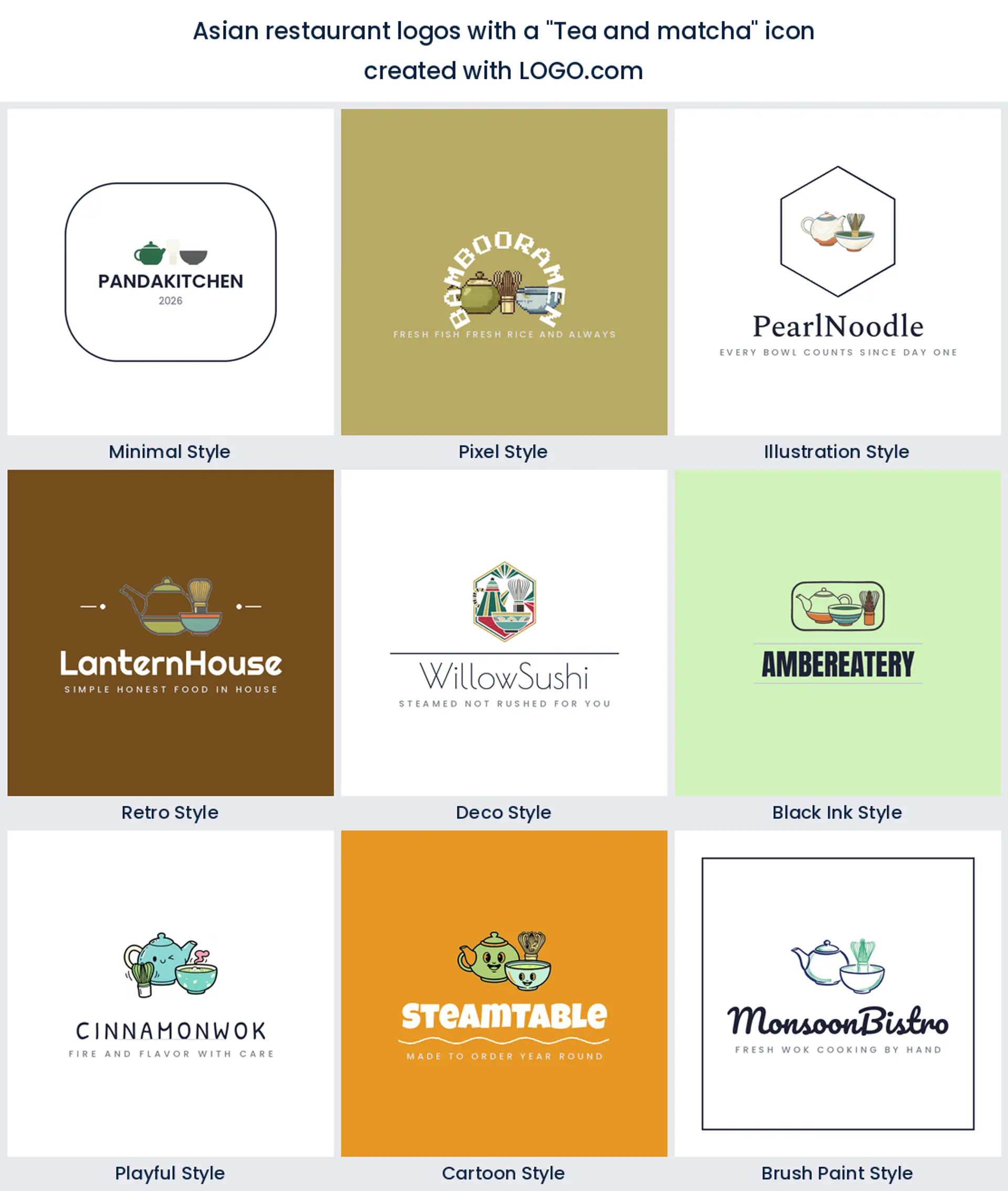 Matcha whisk and teapot Asian restaurant logo shown in nine LOGO.com styles.