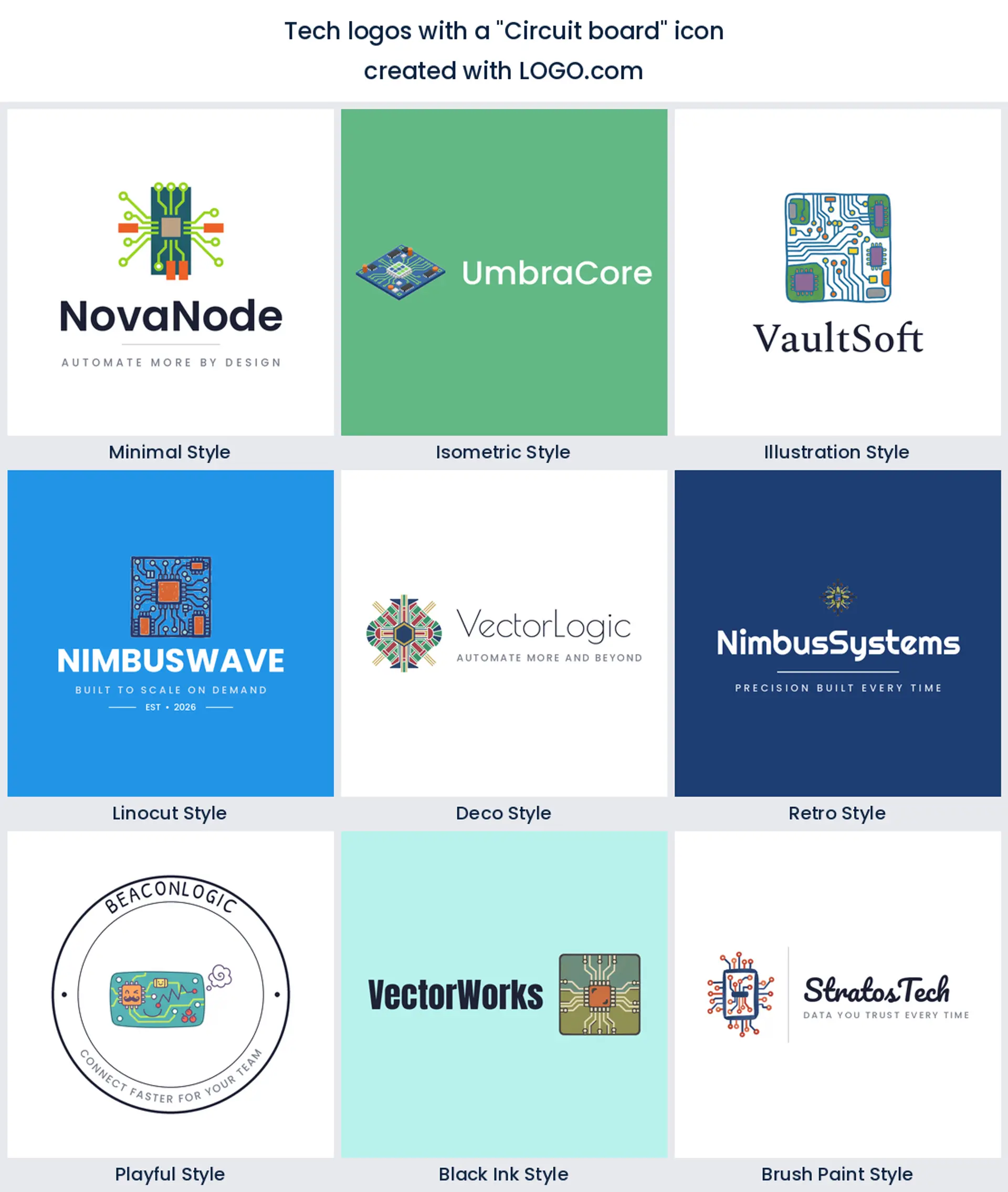 Circuit board tech logo shown in nine LOGO.com styles.
