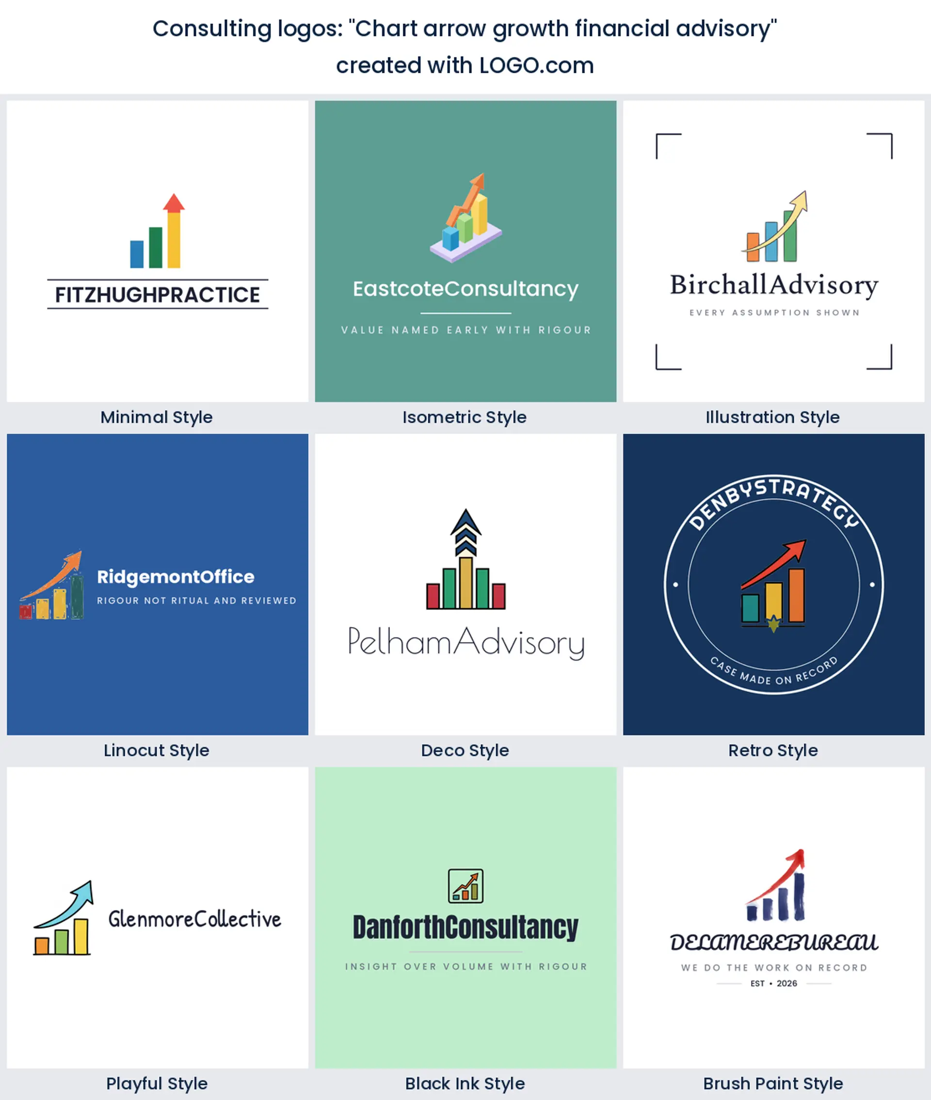 Nine styles of consulting logo with an arrow rising out of a bar chart