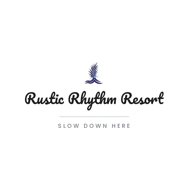 The hotel name Rustic Rhythm Resort as a branded logo in a brush paint style