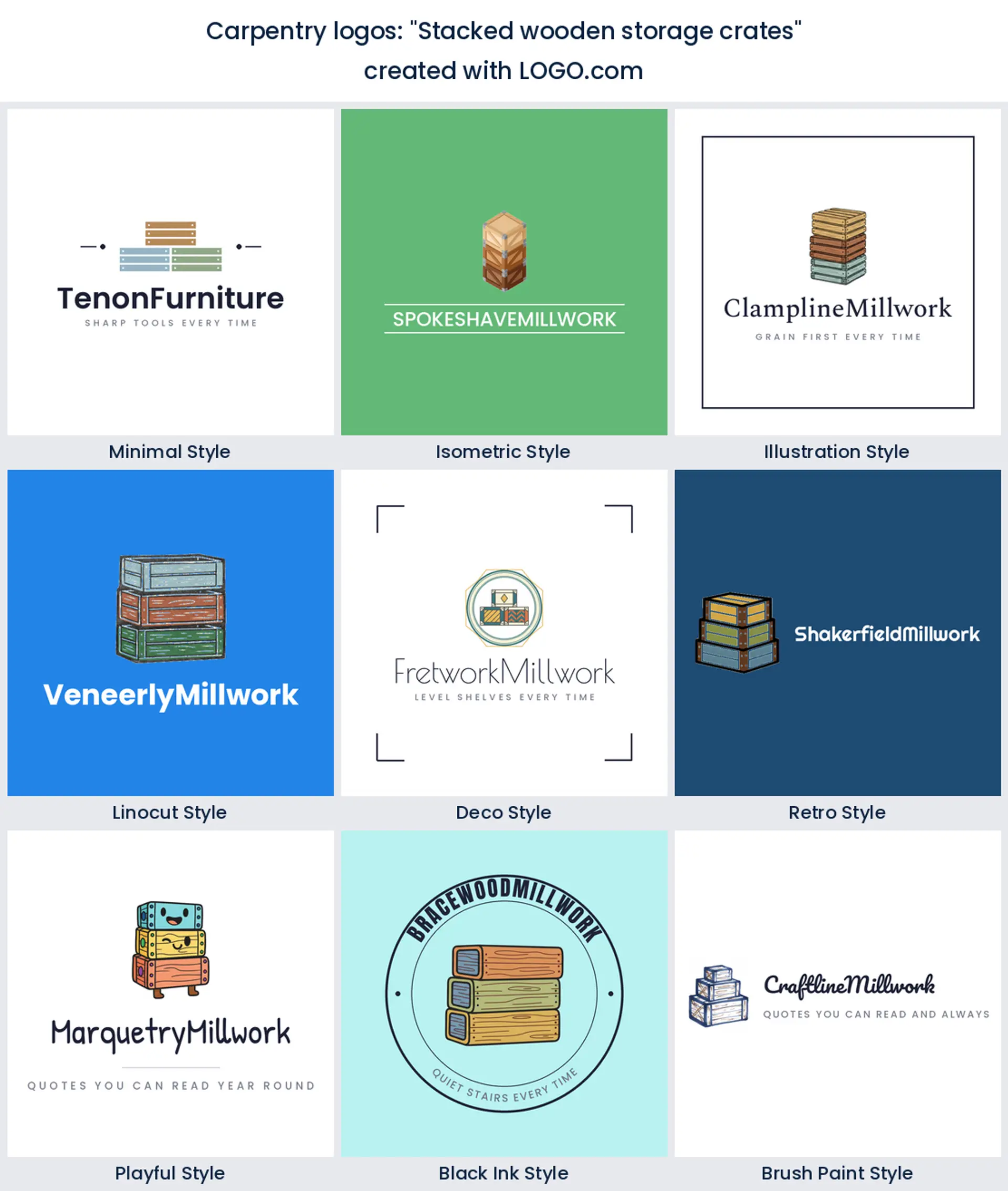 Stacked wooden storage crates logo shown across nine LOGO.com styles