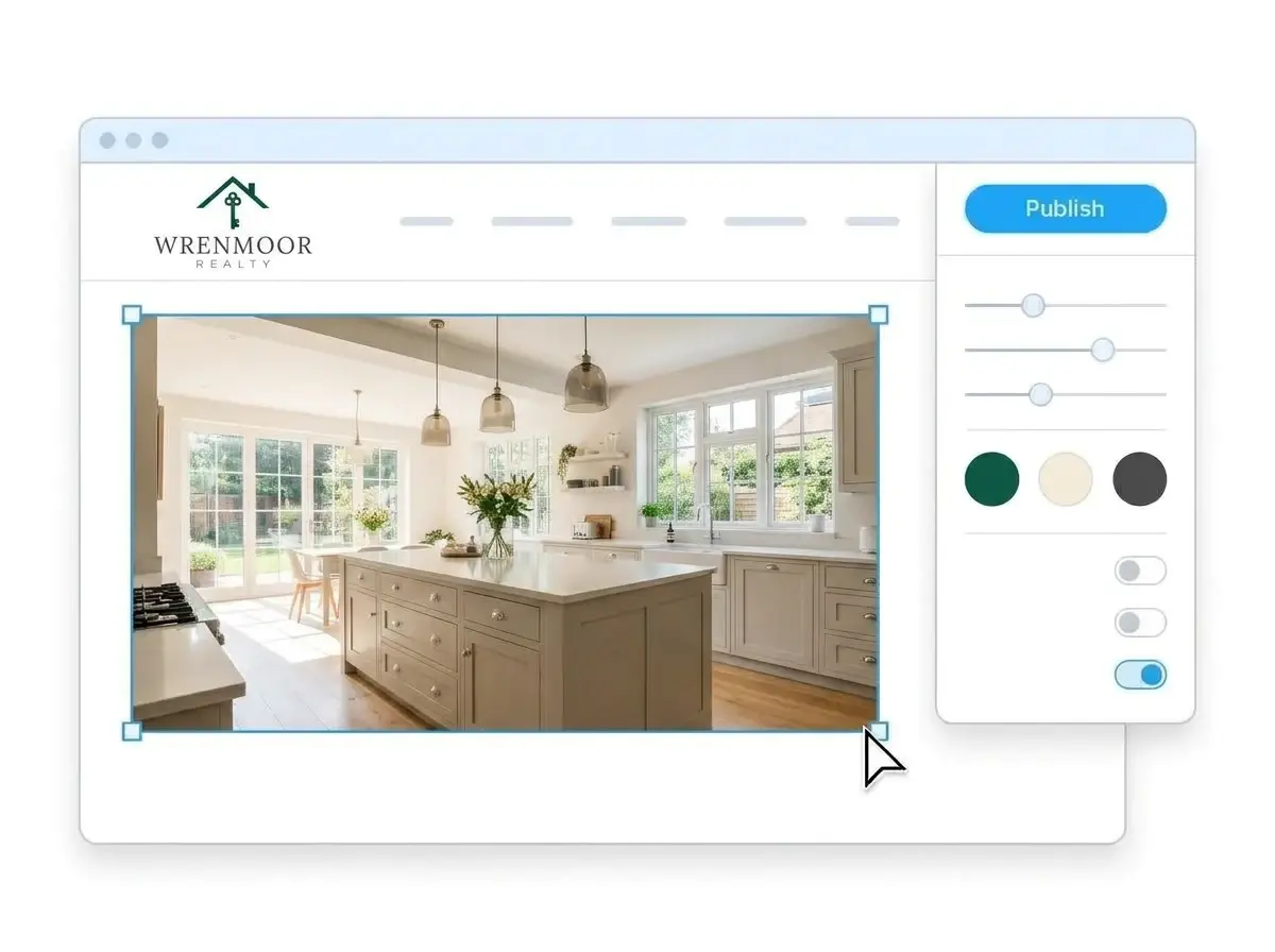 Editing the Wrenmoor Realty website with a bright kitchen listing photo selected, the style panel open and the Publish button ready