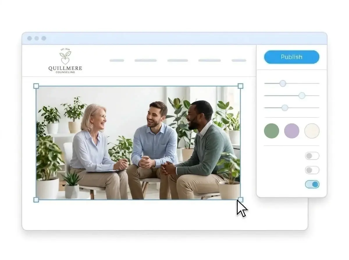 Editing the Quillmere Counseling website with a photo of three therapists talking in a bright lounge selected, the style panel open and Publish ready