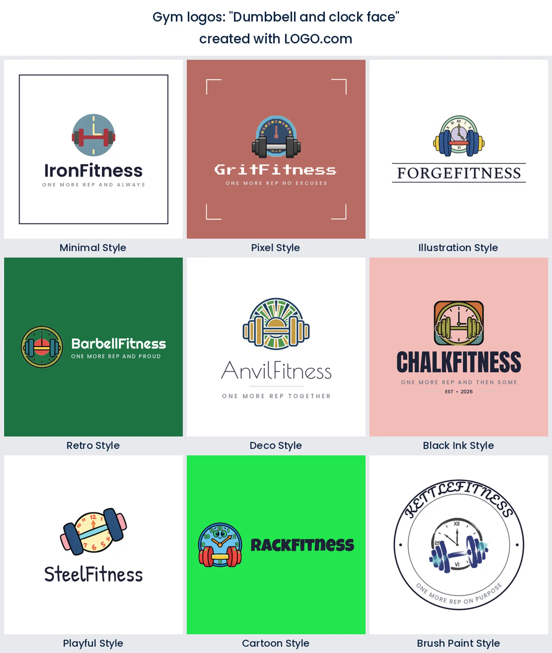 Dumbbell and clock face logo shown across nine LOGO.com styles