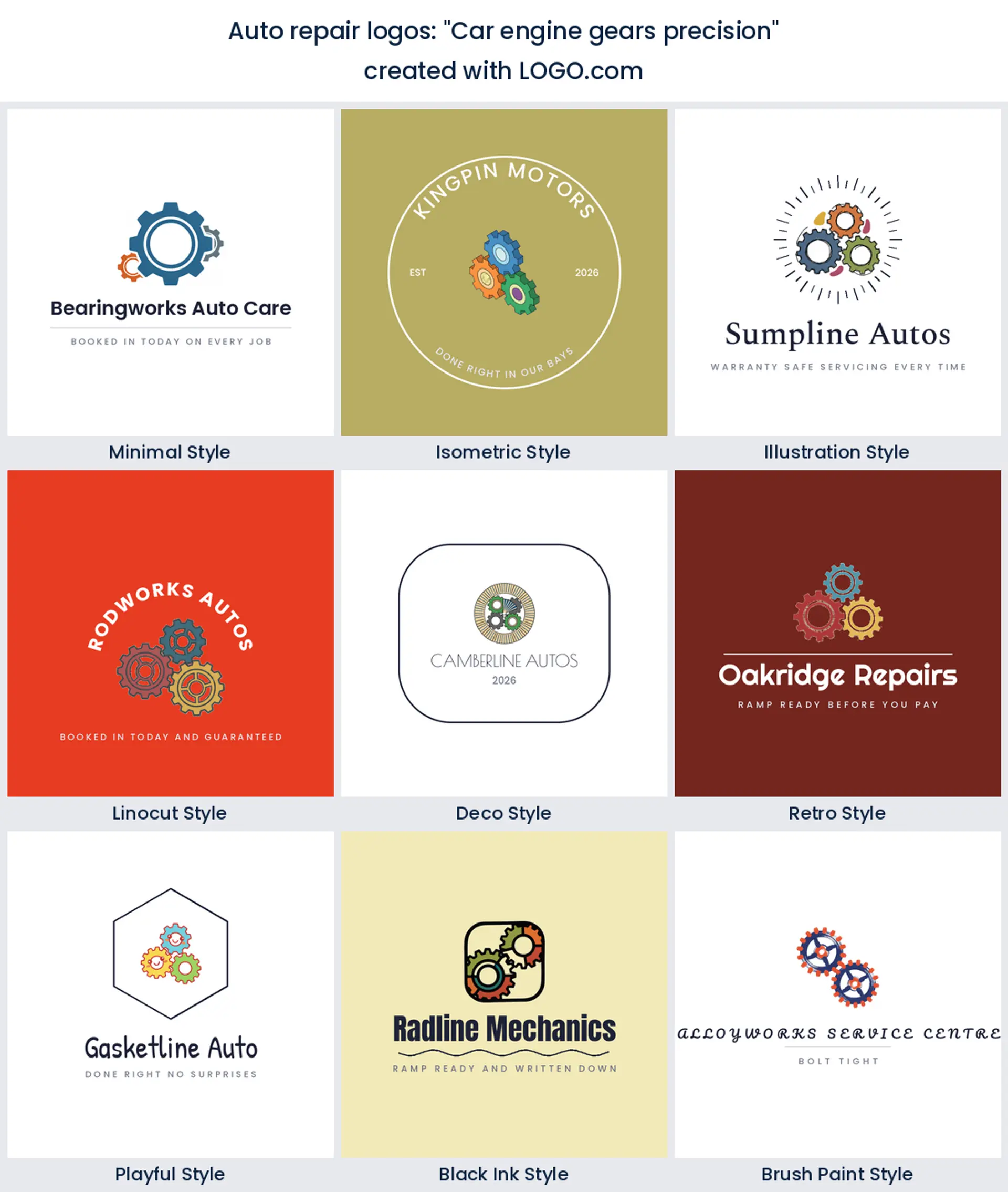 "Car engine gears precision" precision servicing logo shown in nine LOGO.com styles