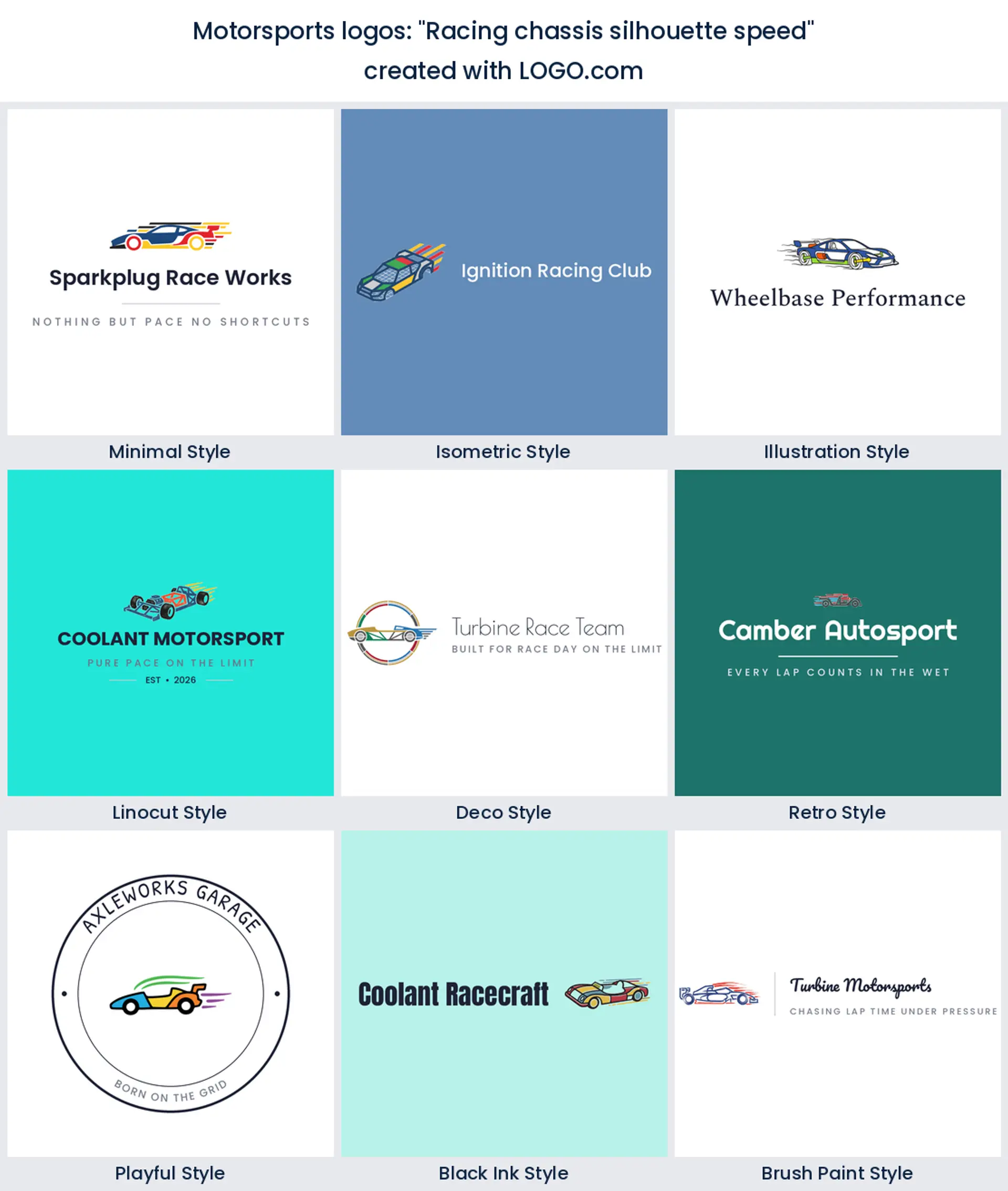Nine motorsports logos of a race chassis silhouette with speed lines, across nine styles.