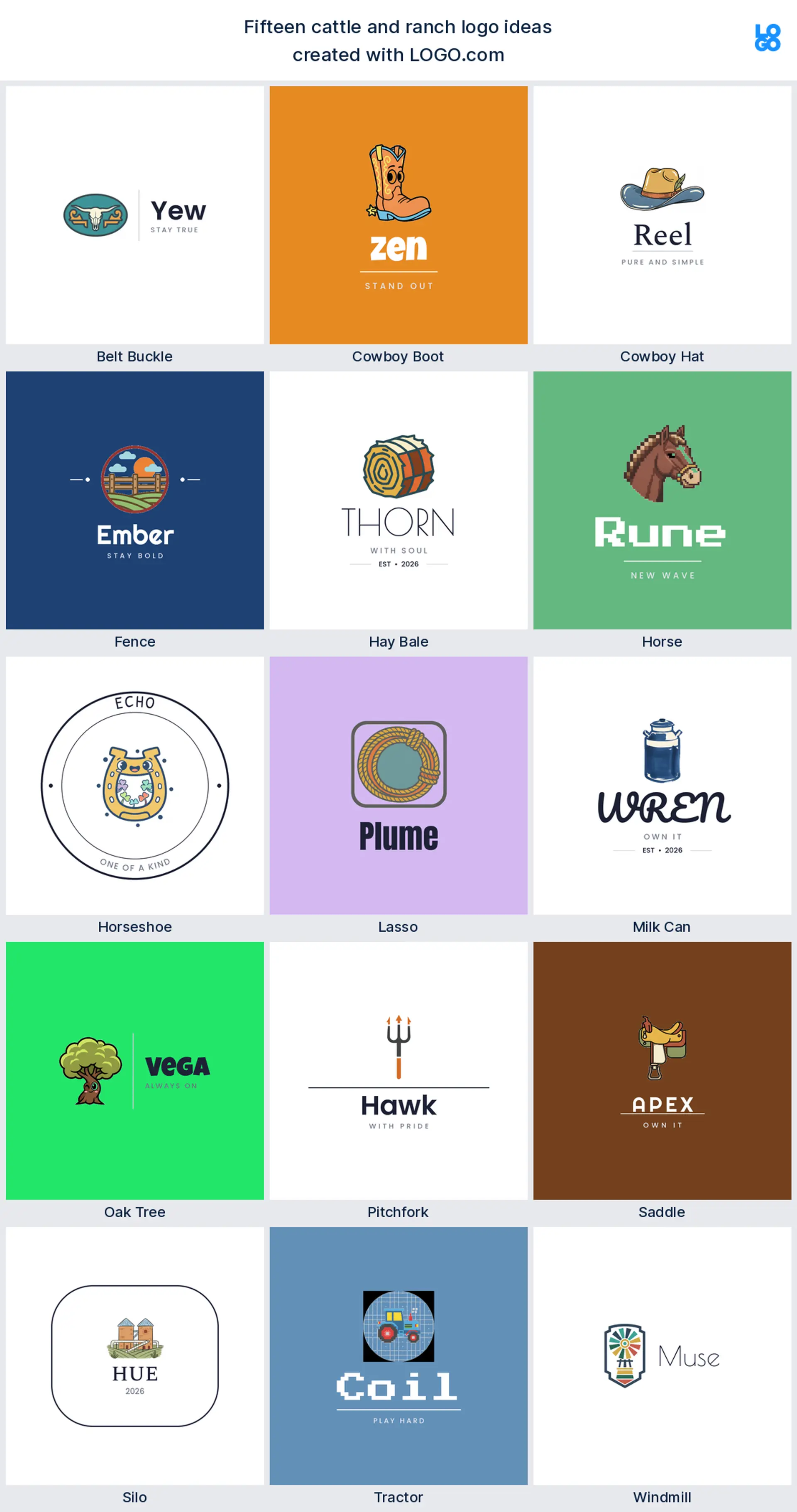 Fifteen cattle and ranch logo ideas shown across the LOGO.com styles