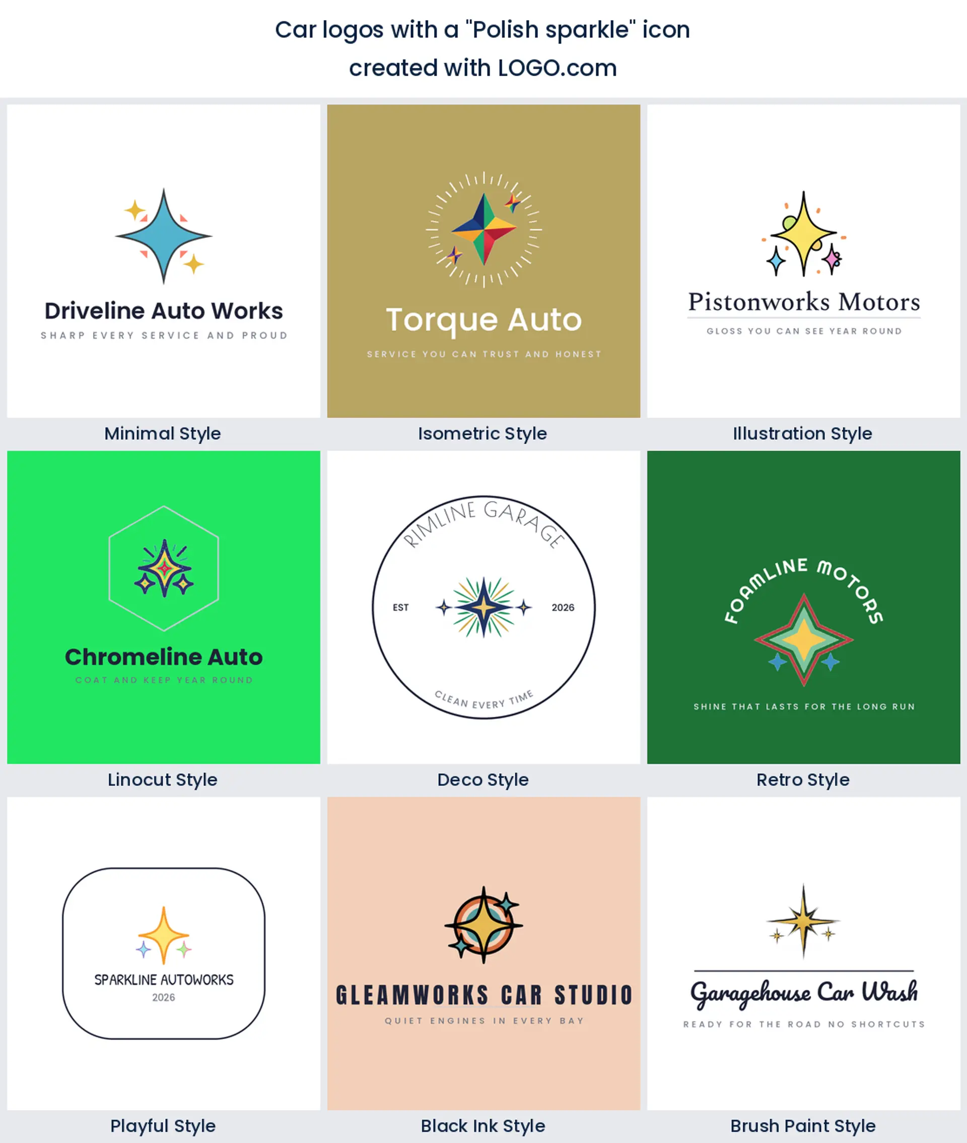 Nine car detailing logos built around a polish sparkle icon, shown in nine different styles.