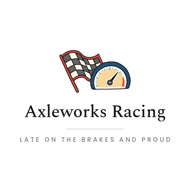 An illustrated racing flag paired with a speedometer dial above a team name.