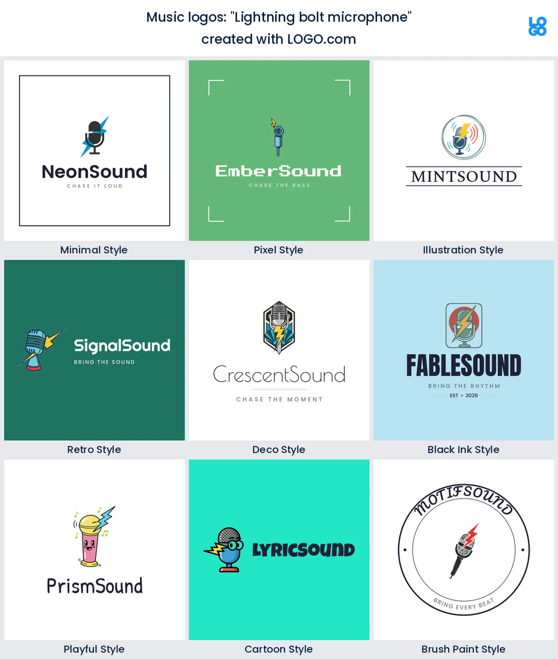 Lightning bolt microphone, a music logo idea shown in nine LOGO.com styles