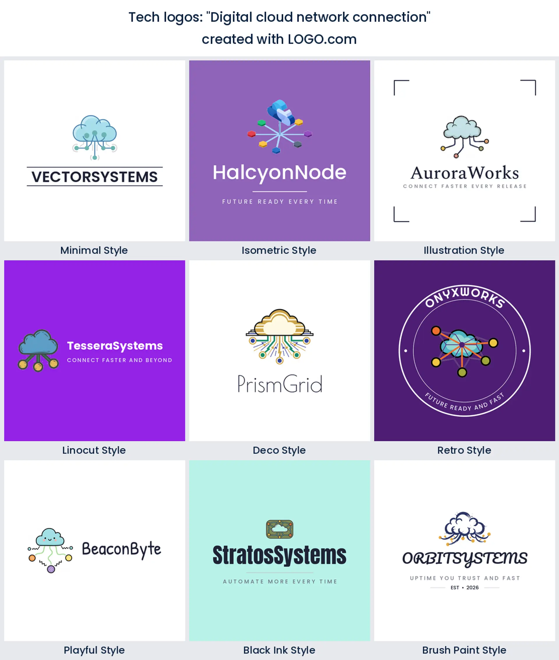 Digital cloud network connection tech logo in nine styles.