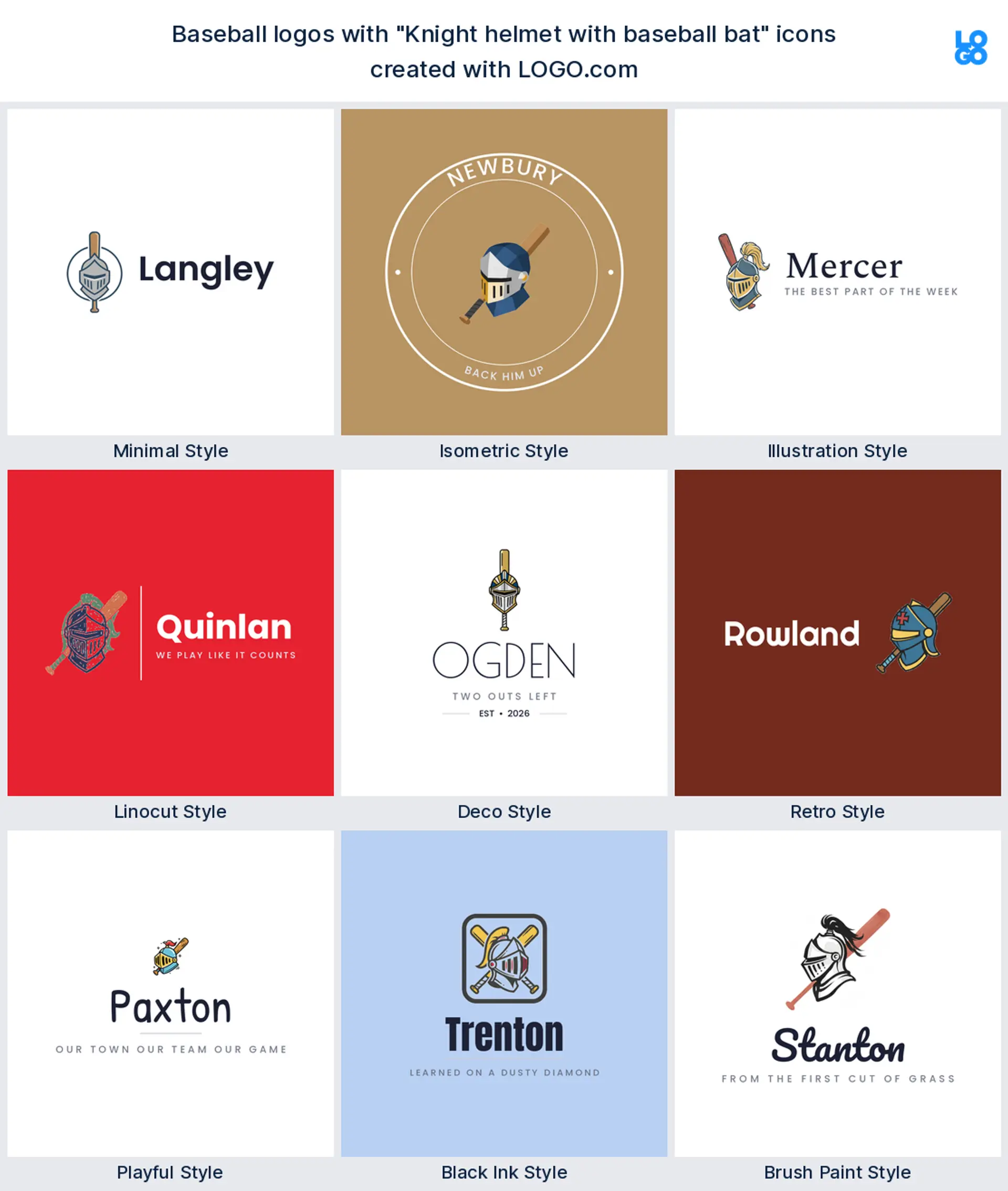 Knight helmet and bat baseball logo shown in nine LOGO.com styles