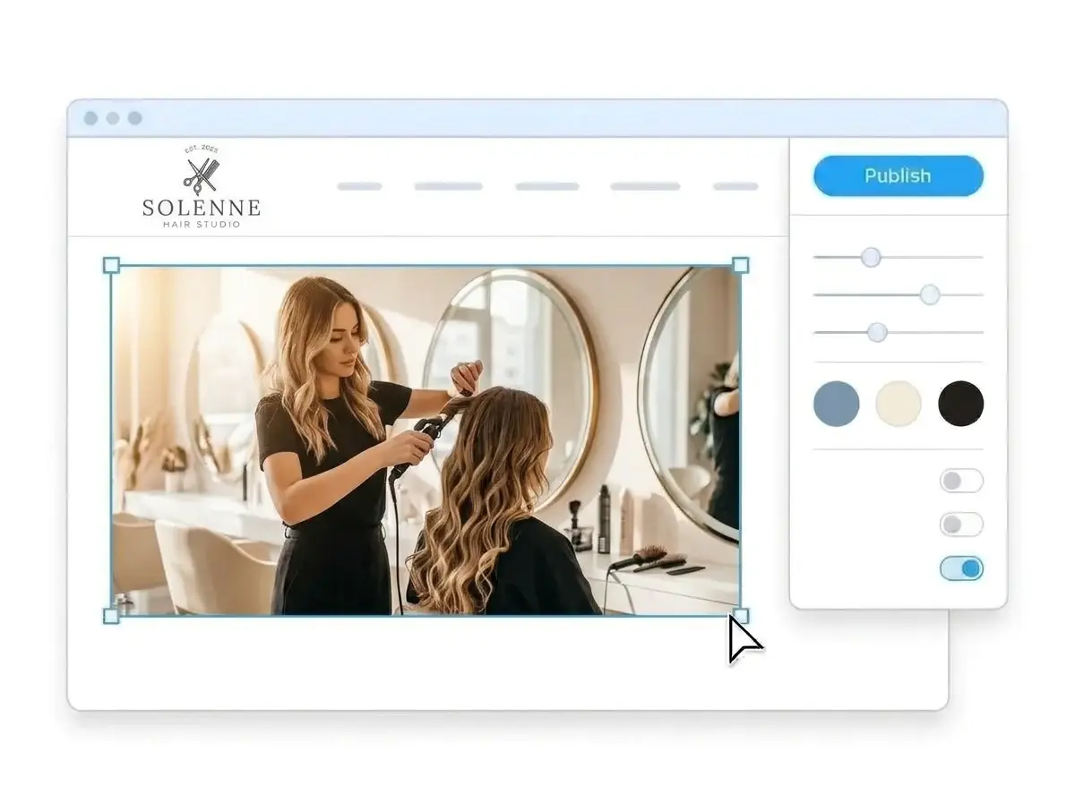 Editing the Solenne Hair Studio website with a photo of a stylist curling a client's hair selected, the style panel open and the Publish button ready