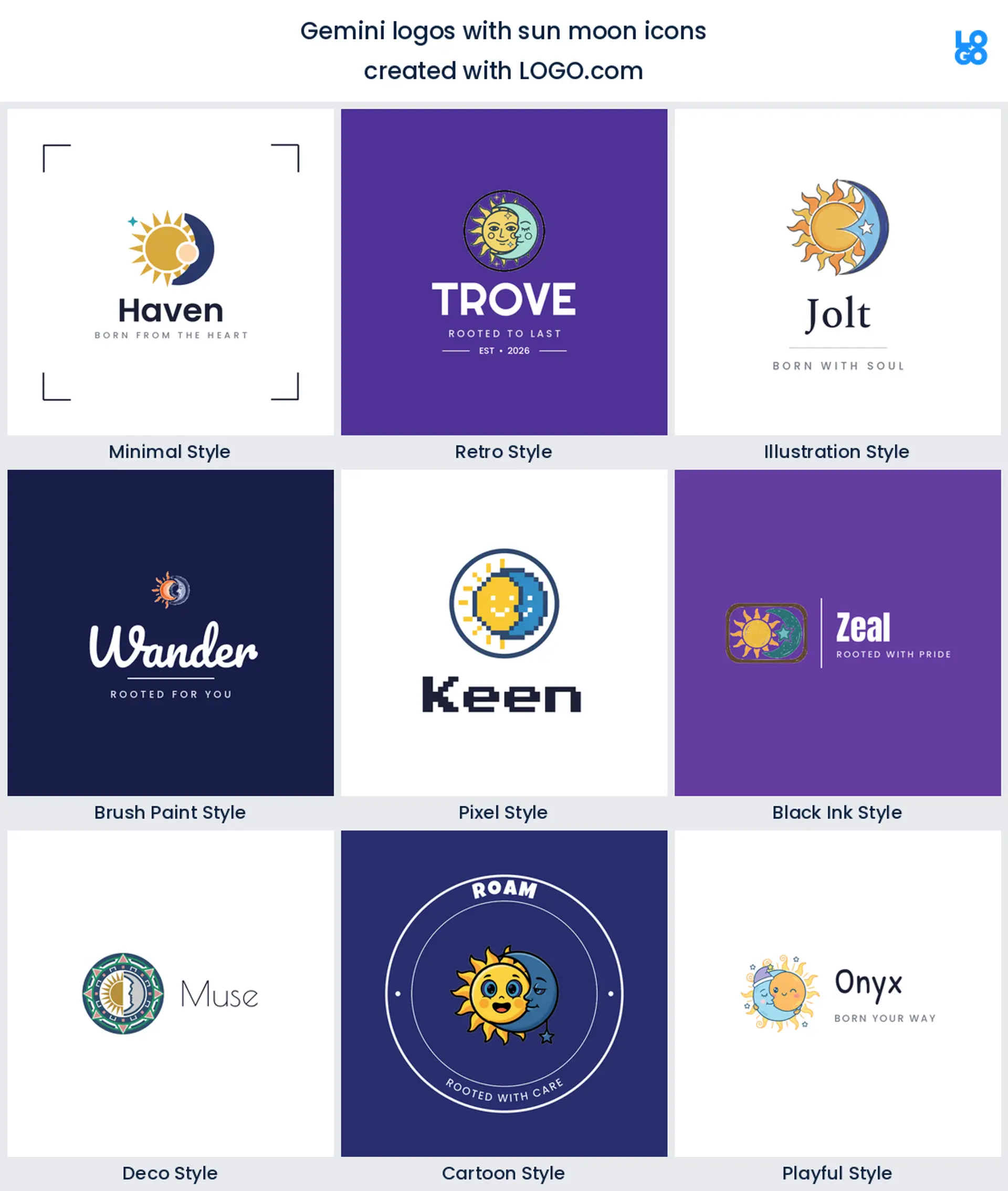 Sun and moon Gemini logo shown in nine LOGO.com styles