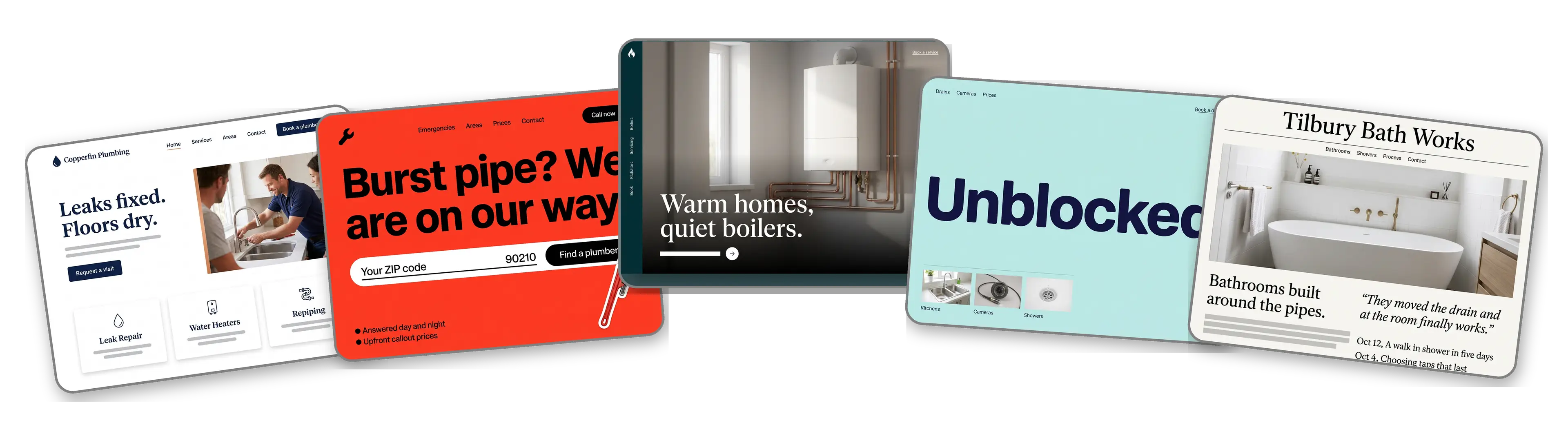Five plumbing websites built with LOGO.com from a logo upload: a residential plumber, a 24 hour emergency plumber, a heating and boiler specialist, a drain cleaning company and a bathroom remodeling plumber