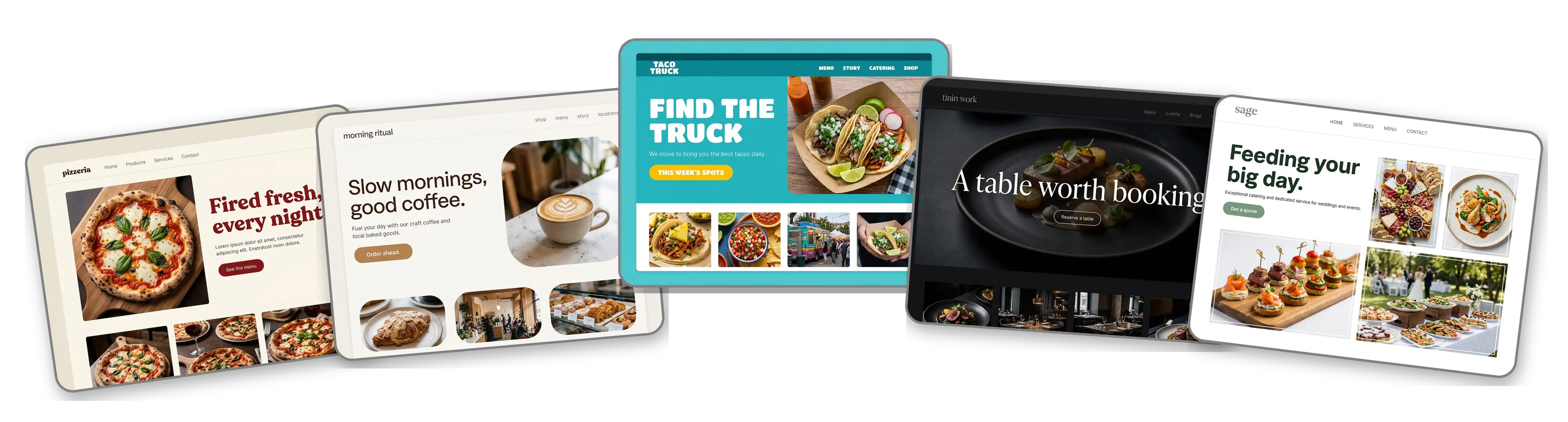 Five restaurant websites built by the LOGO.com restaurant website builder: pizzeria, coffee shop, taco truck, fine dining and catering sites