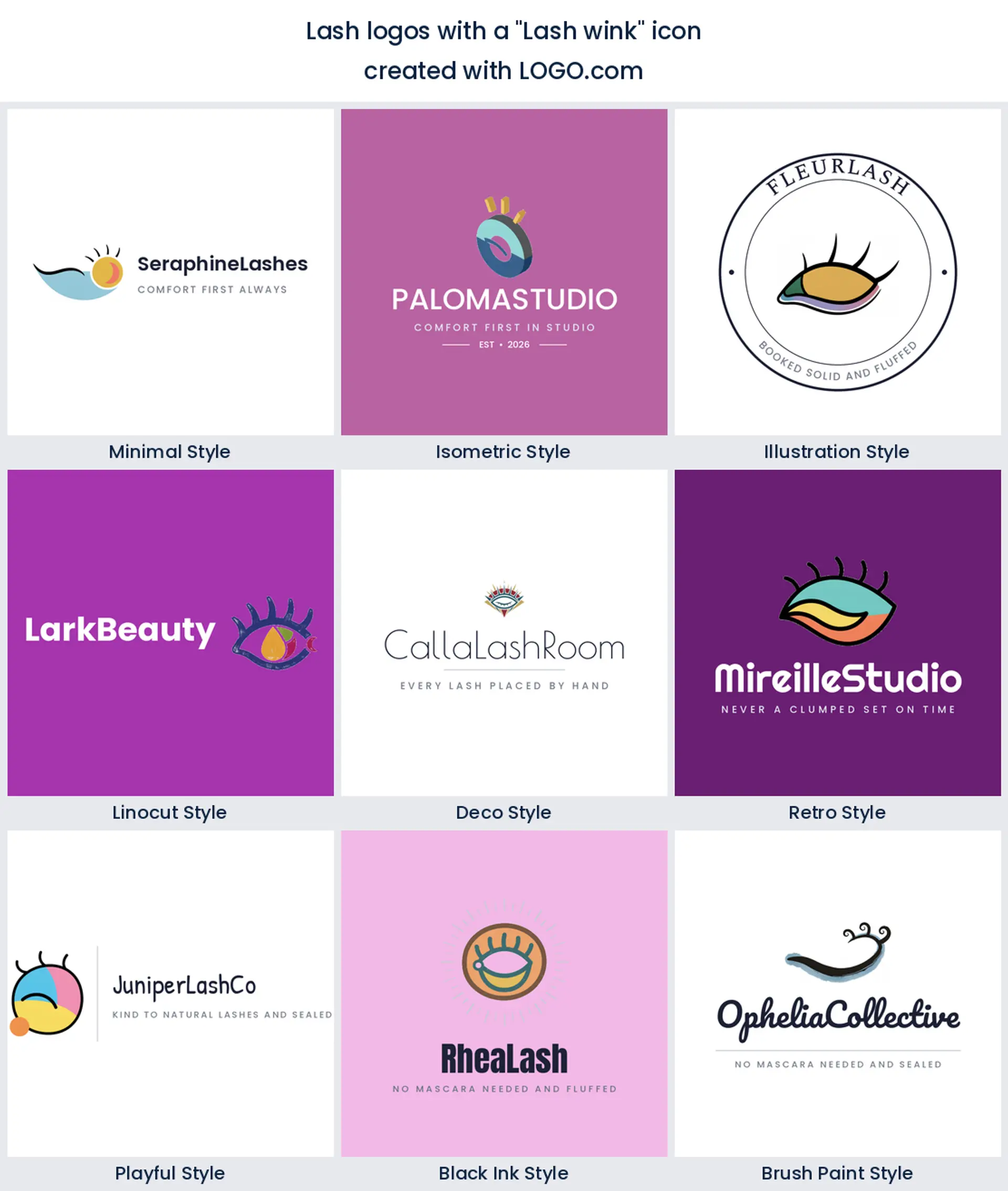 A lash wink icon shown in nine lash logo styles, from minimal to retro.