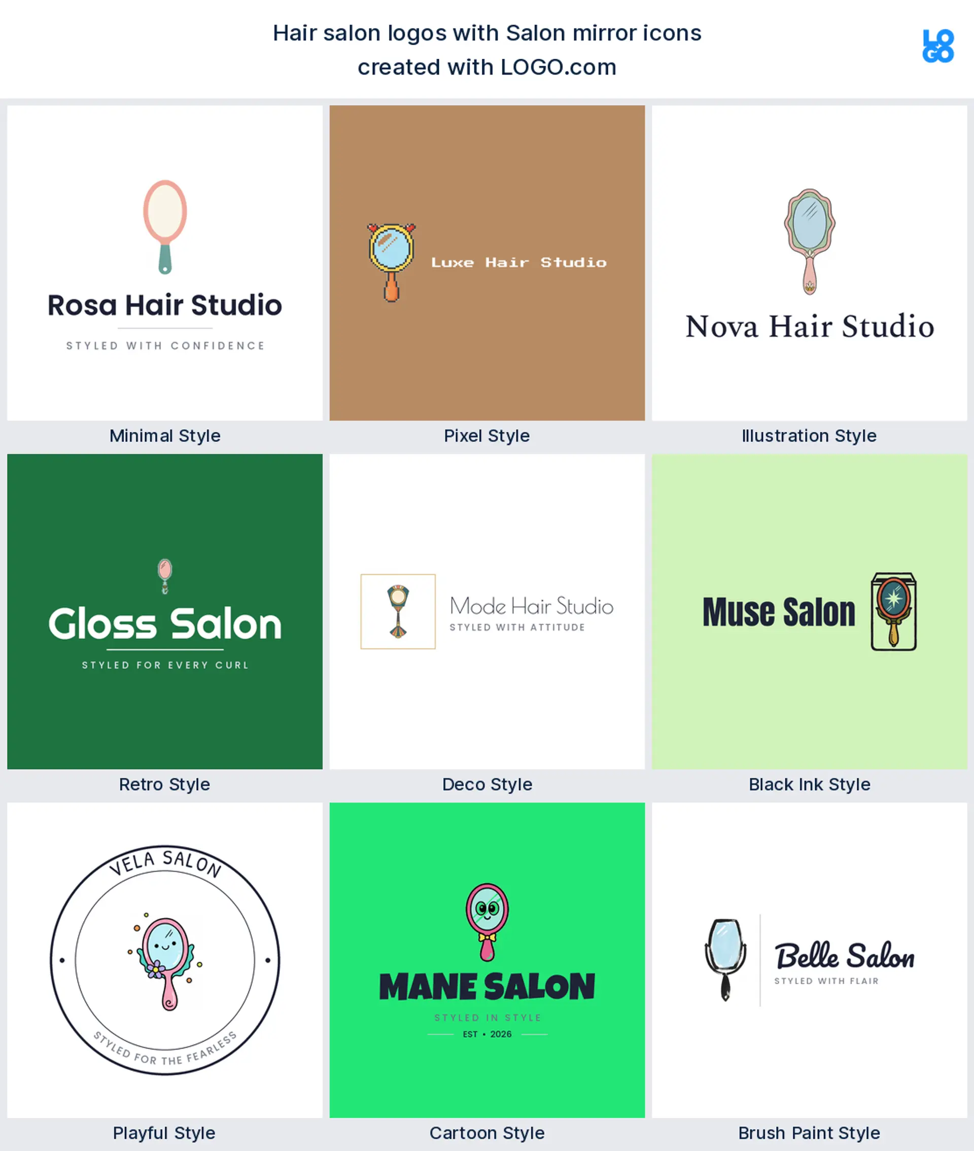 Salon mirror shown across nine LOGO.com hair salon logo styles