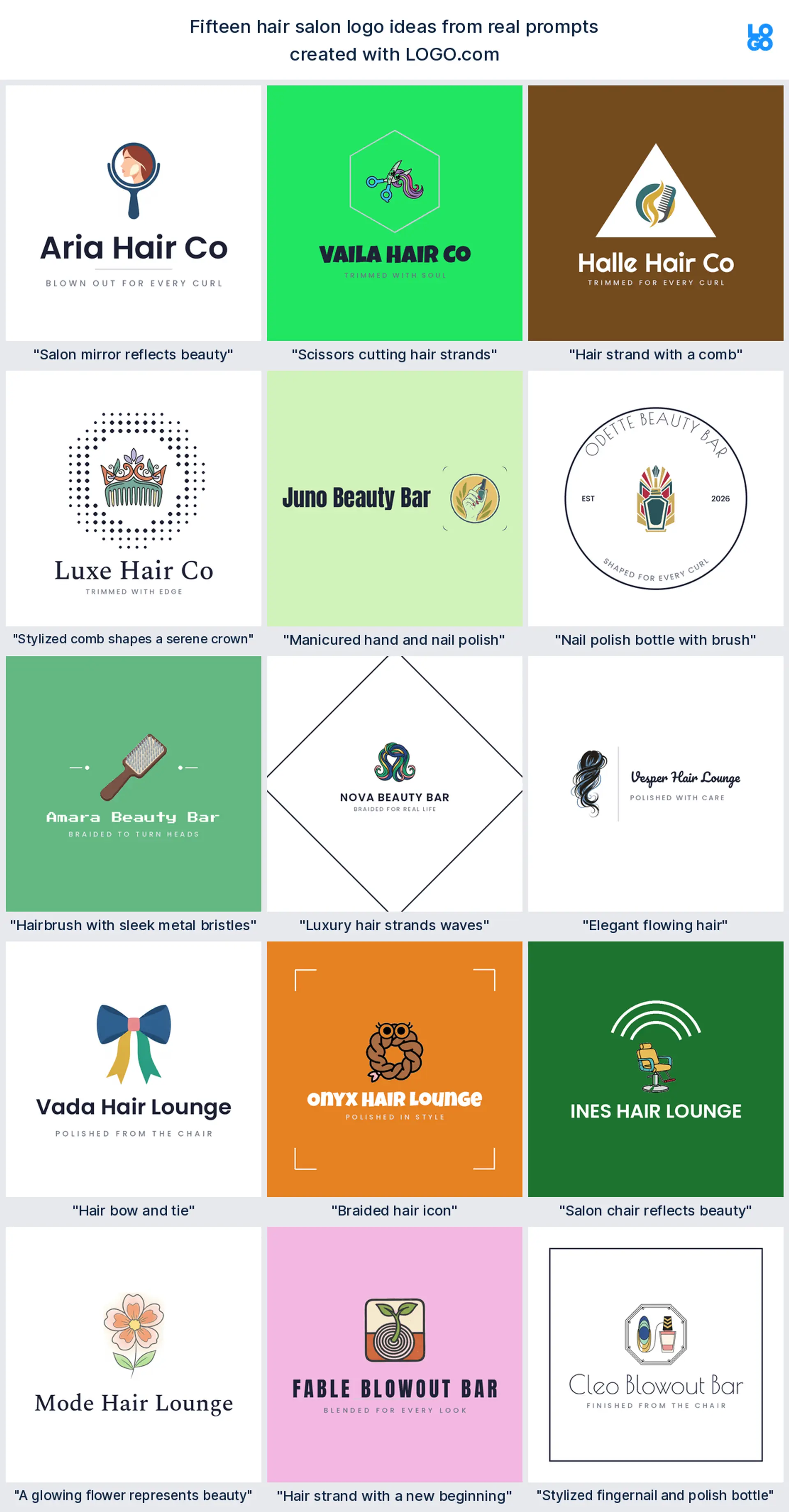 Fifteen hair salon logo ideas from real founder prompts, shown across nine styles