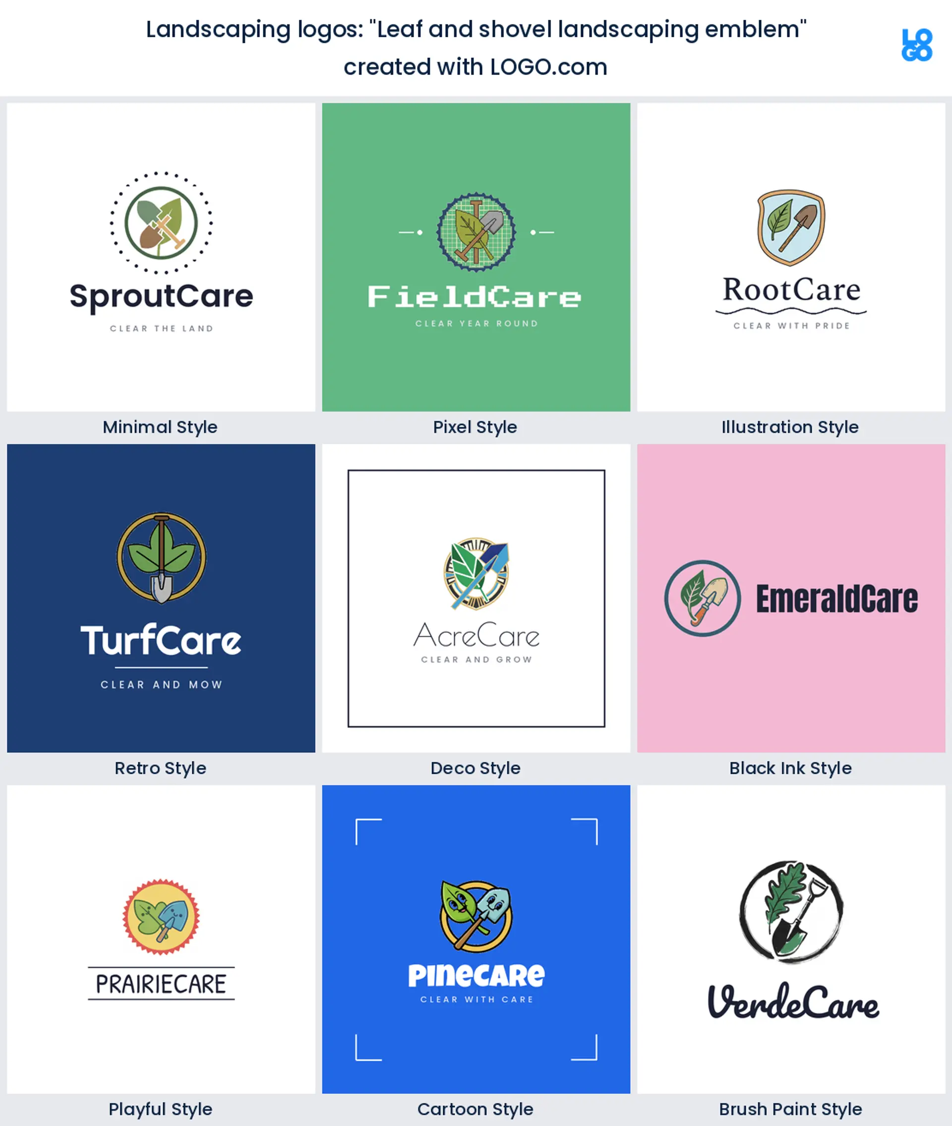 Leaf and shovel landscaping emblem, a landscaping logo idea shown in nine LOGO.com styles