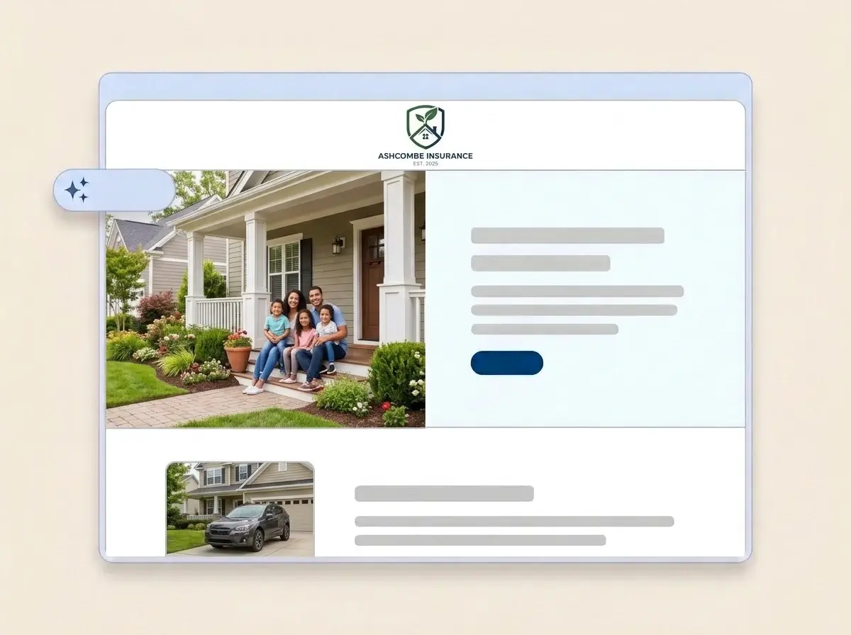 Finished Ashcombe Insurance agency website built by LOGO.com from the uploaded logo, with a family on the porch of their home in the hero and a car thumbnail