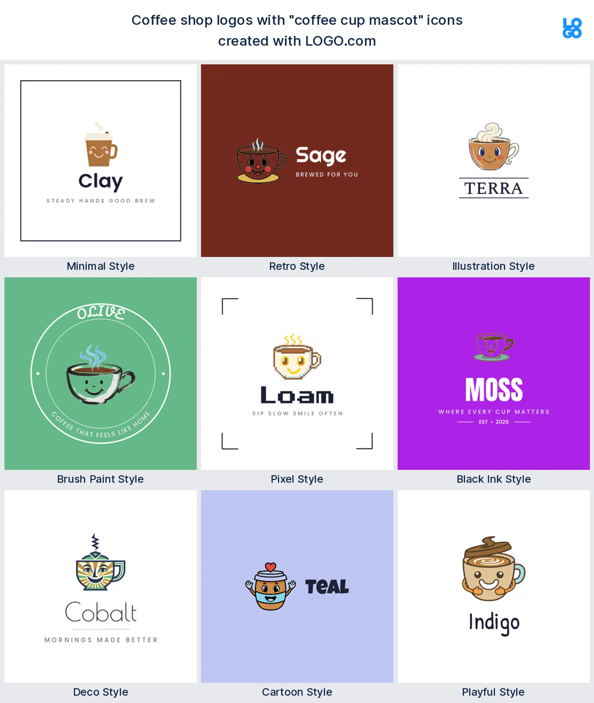 Coffee cup mascot logo shown in nine LOGO.com styles