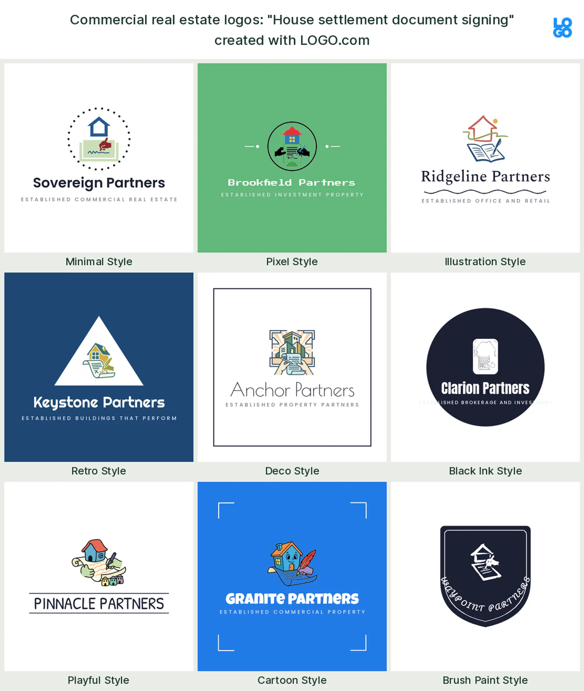 The "House settlement document signing" commercial real estate logo idea, shown across nine styles on LOGO.com