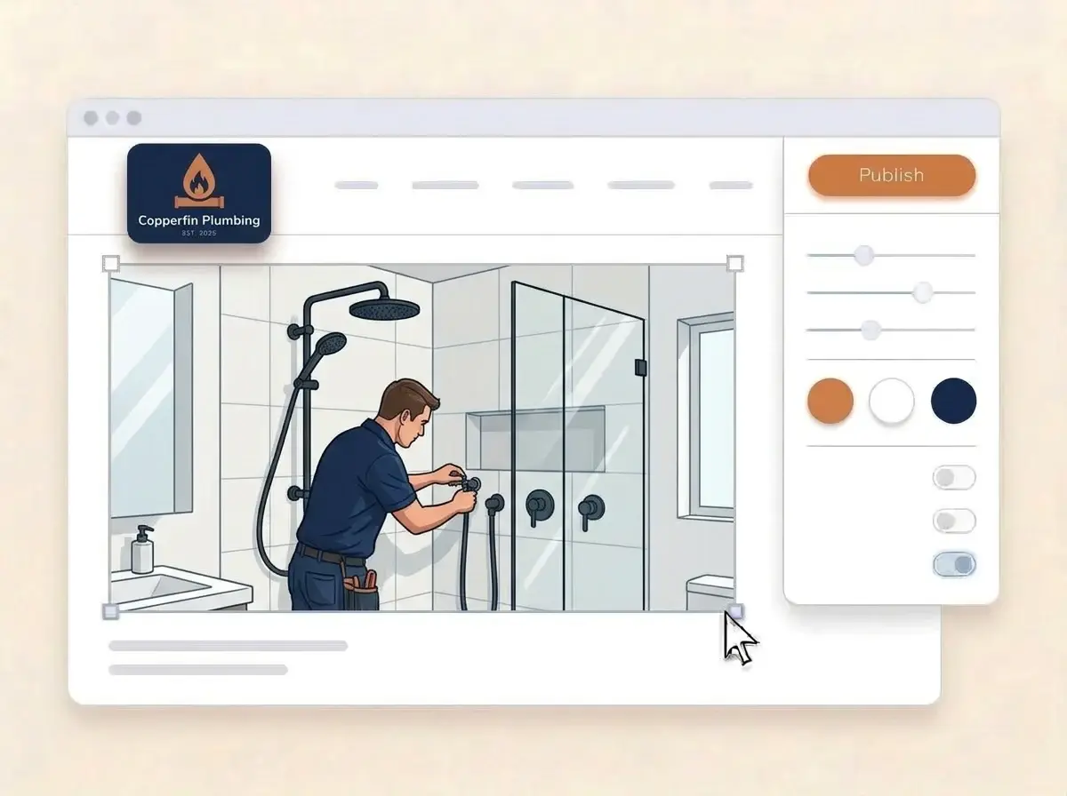 Editing the Copperfin Plumbing website with a photo of a plumber installing a walk in shower selected, the style panel open and the Publish button ready