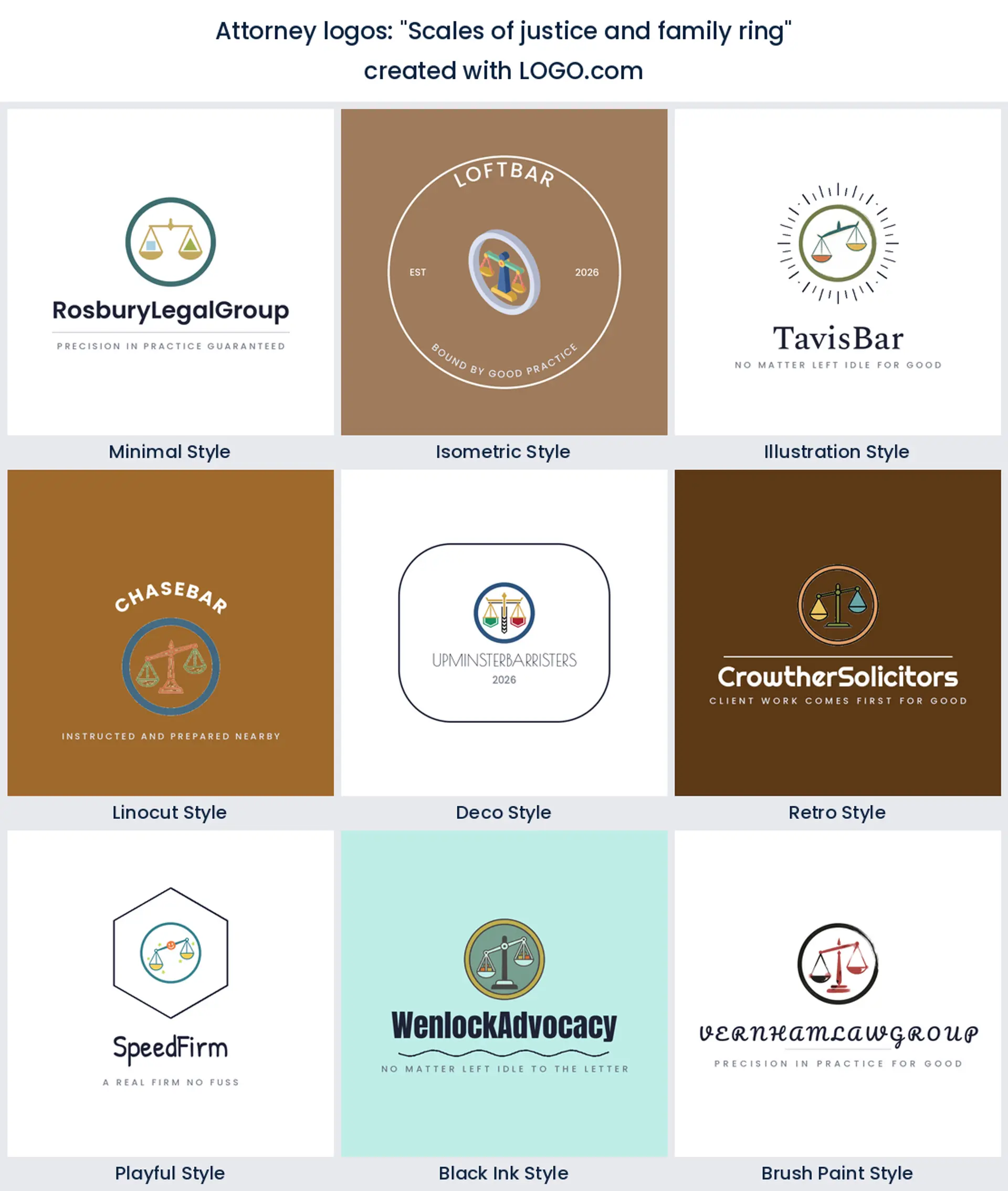 Nine styles of law office logo with balanced scales inside a plain circular ring