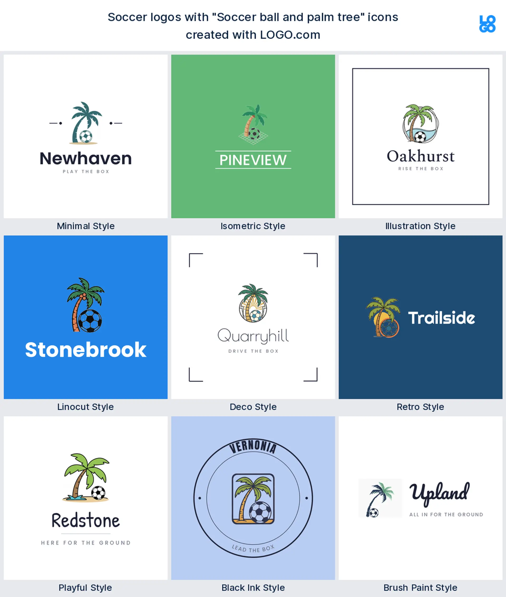 Palm tree soccer logo shown in nine LOGO.com styles