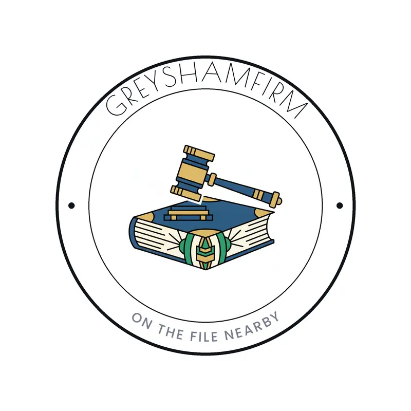 Deco legal firm logo for GreyshamFirm with a gavel laid across a bound ledger