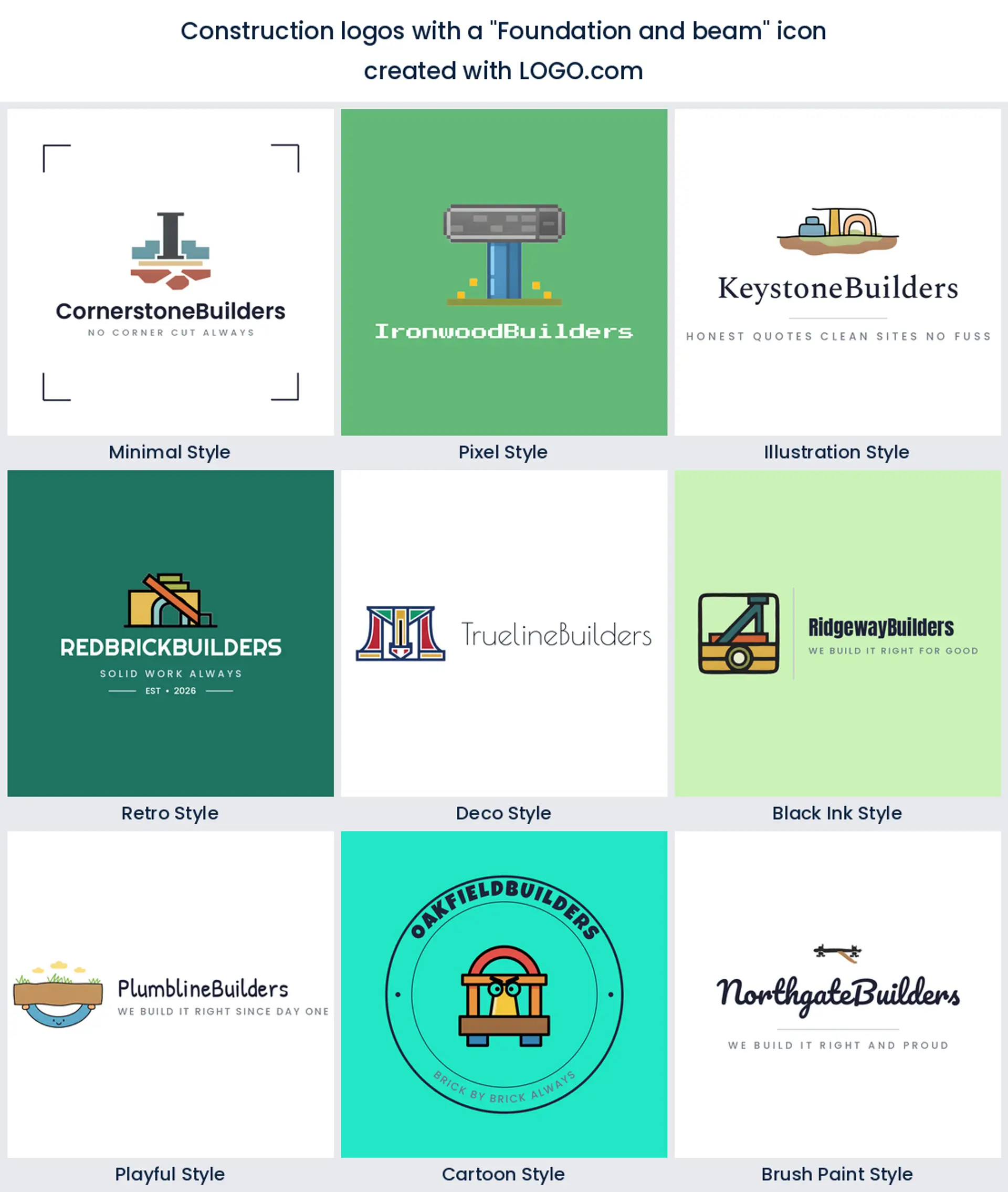 Foundation and beam icon for a construction brand, shown in nine LOGO.com styles