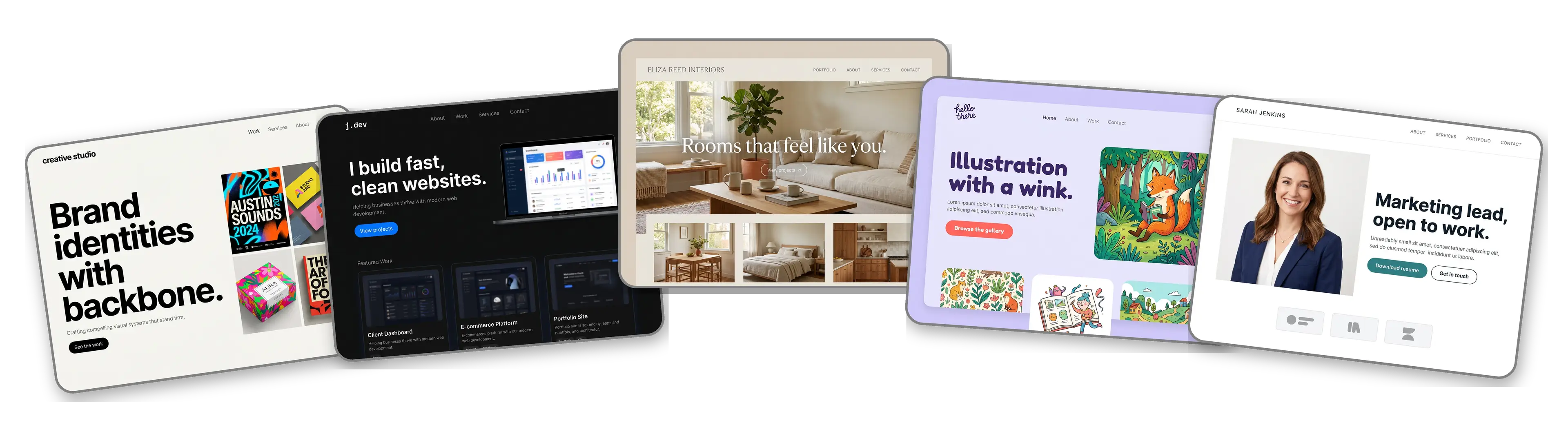 Five portfolio websites built by the LOGO.com portfolio website builder: graphic designer, web developer, interior designer, illustrator and resume sites