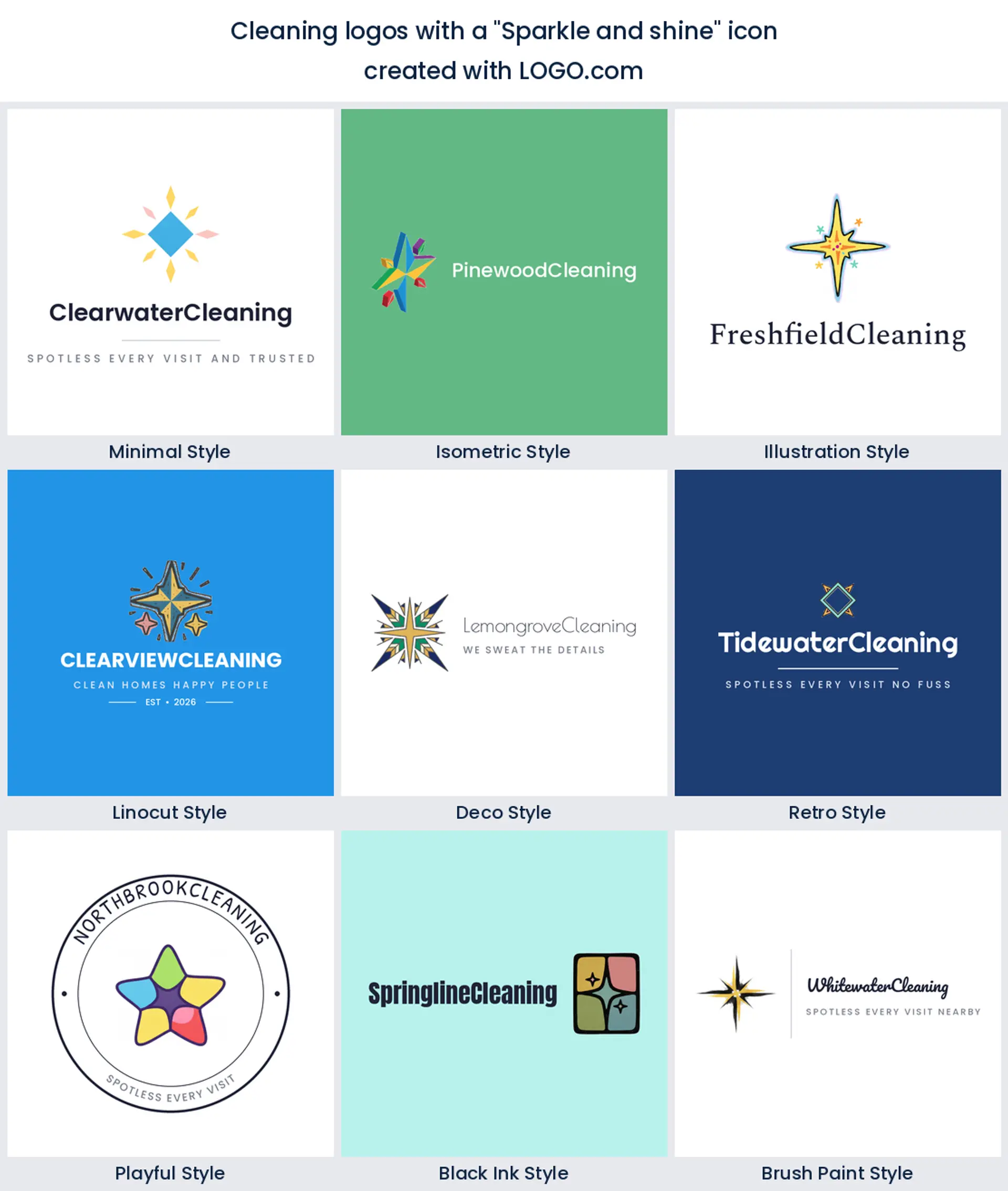 Sparkle and shine cleaning logo shown in nine LOGO.com styles