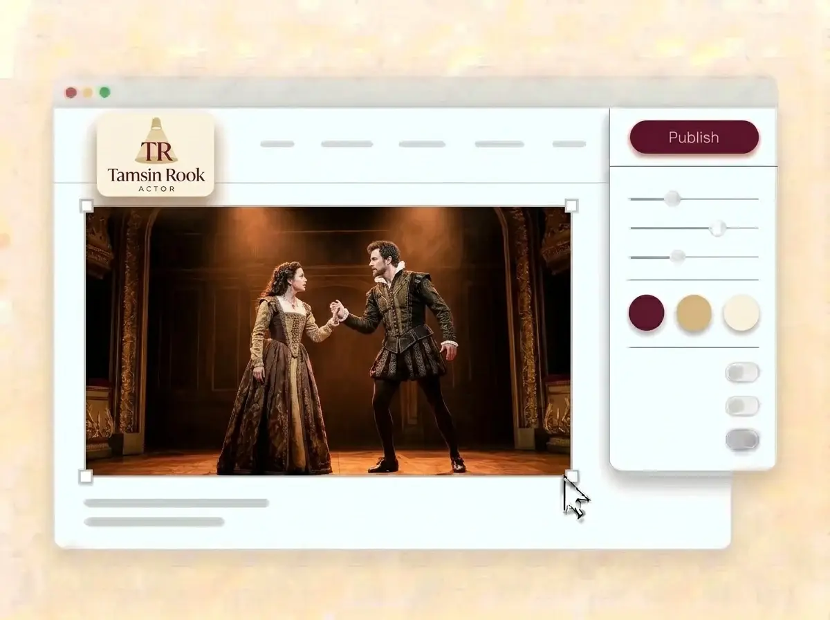 Editing the Tamsin Rook website with a stage production still selected, the style panel open and the deep burgundy Publish button ready