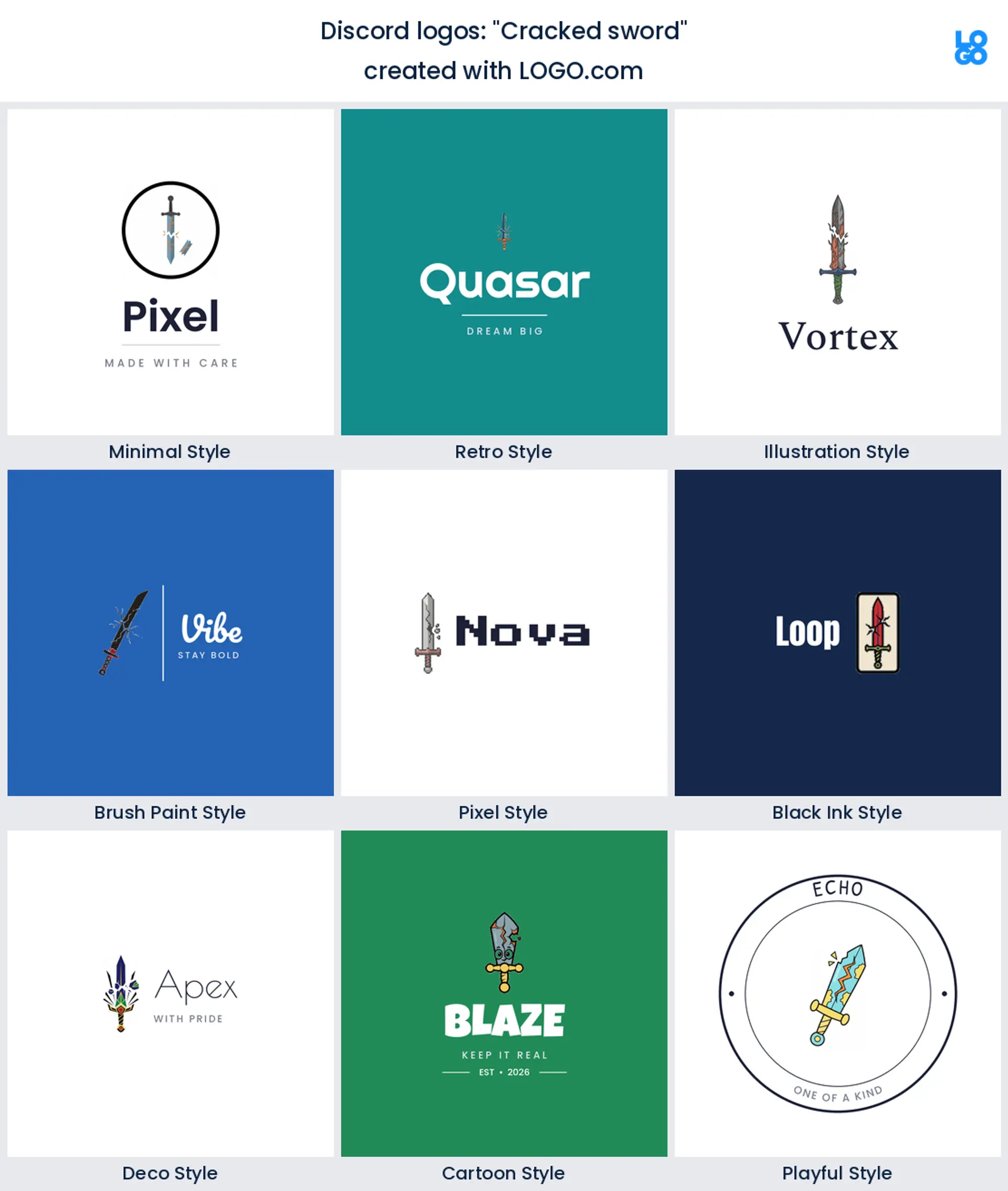 Cracked sword, Discord server logo shown in nine LOGO.com styles