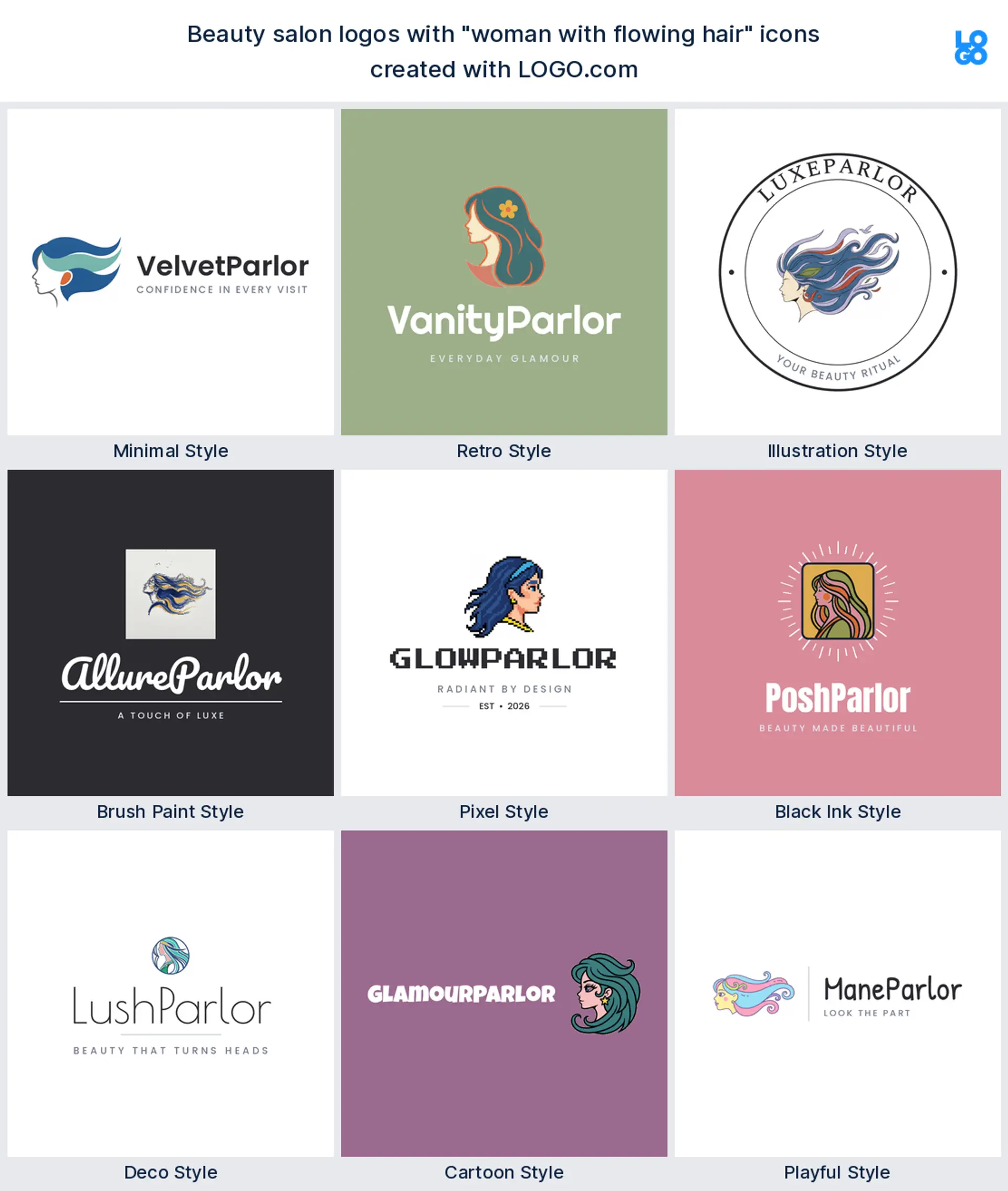 Woman with flowing hair, playful beauty salon logo shown in nine LOGO.com styles