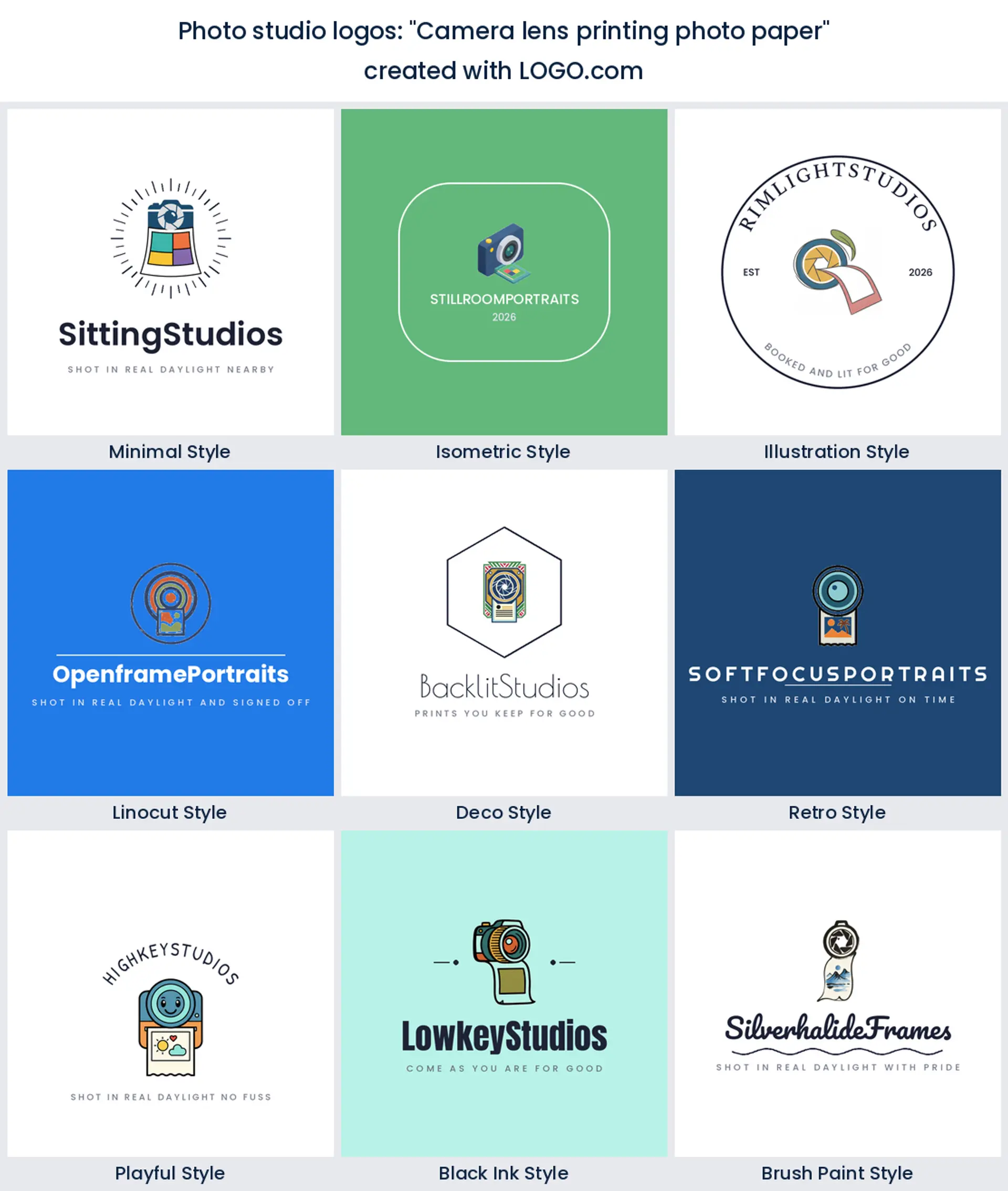 Photo studio logos from the prompt camera lens printing photo paper in nine styles