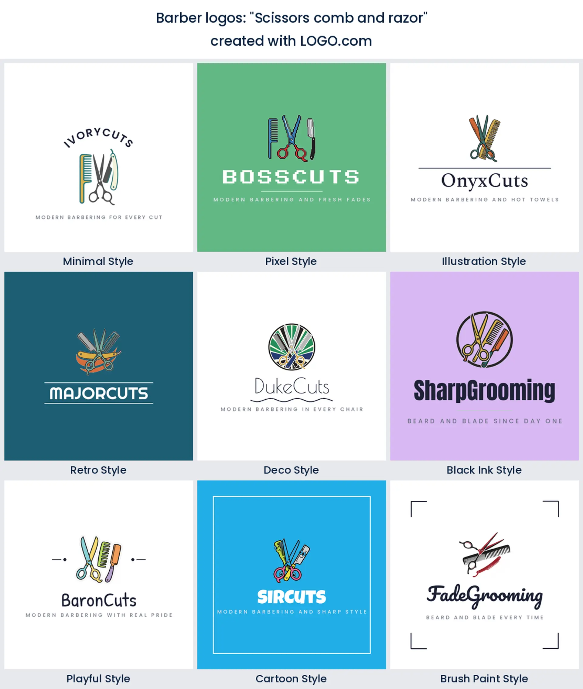 Scissors, comb and razor logo in nine styles.