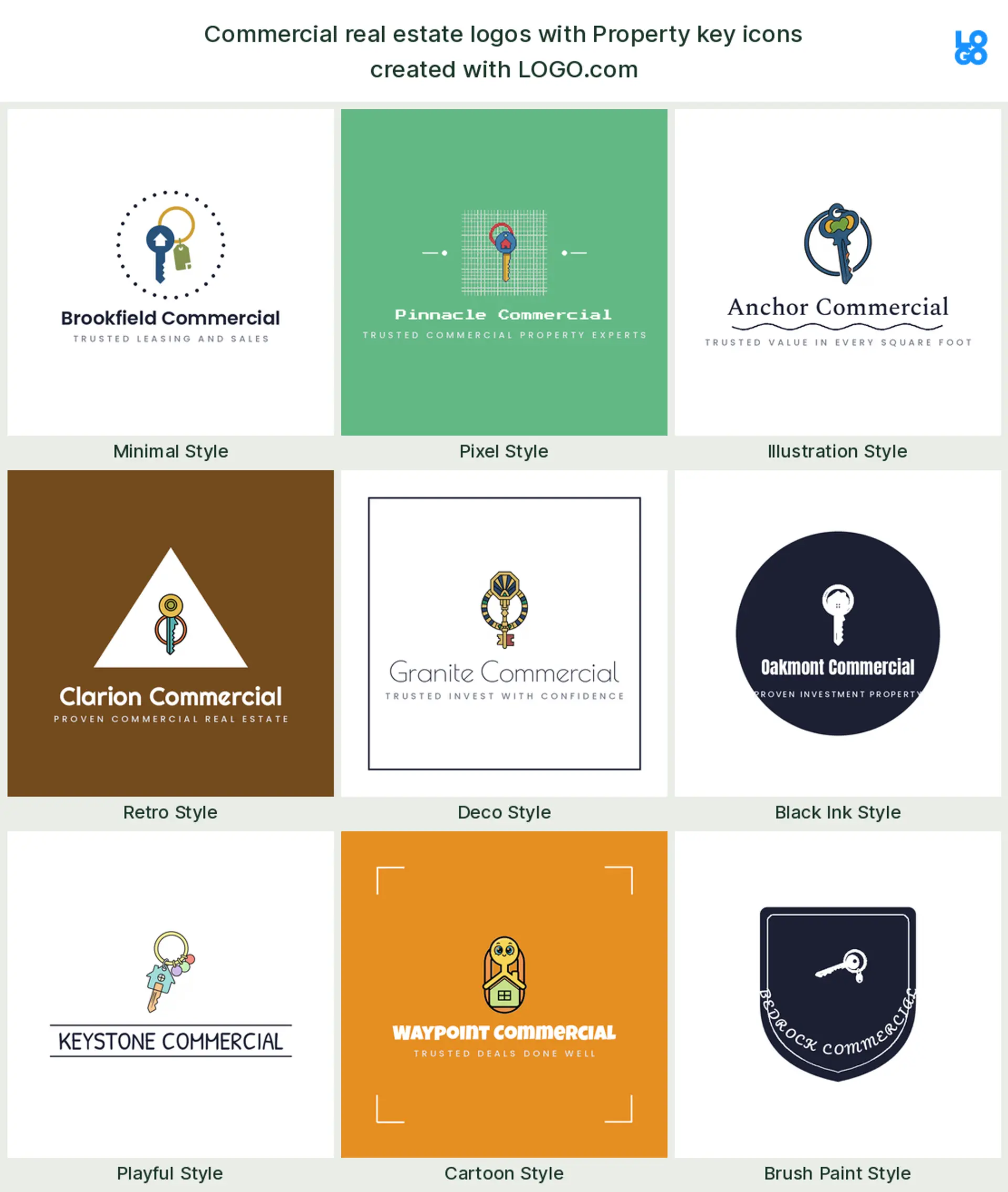 A property key, a popular commercial real estate logo symbol, shown across nine styles on LOGO.com